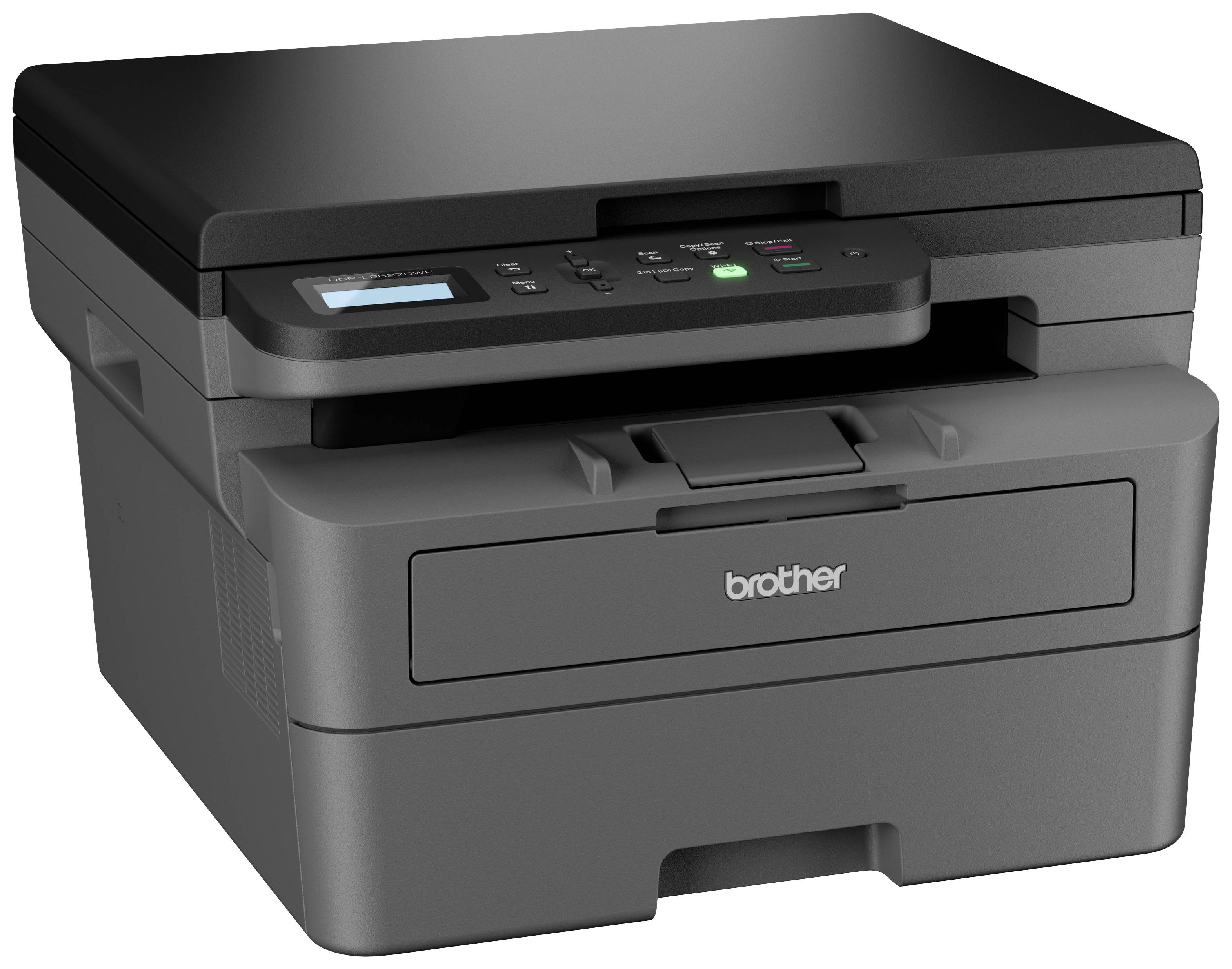 Schwarzer Multifunktionsdrucker mit Tasten und Display auf der oberen Abdeckung. Firmenlogo 'brother' auf der Vorderseite.