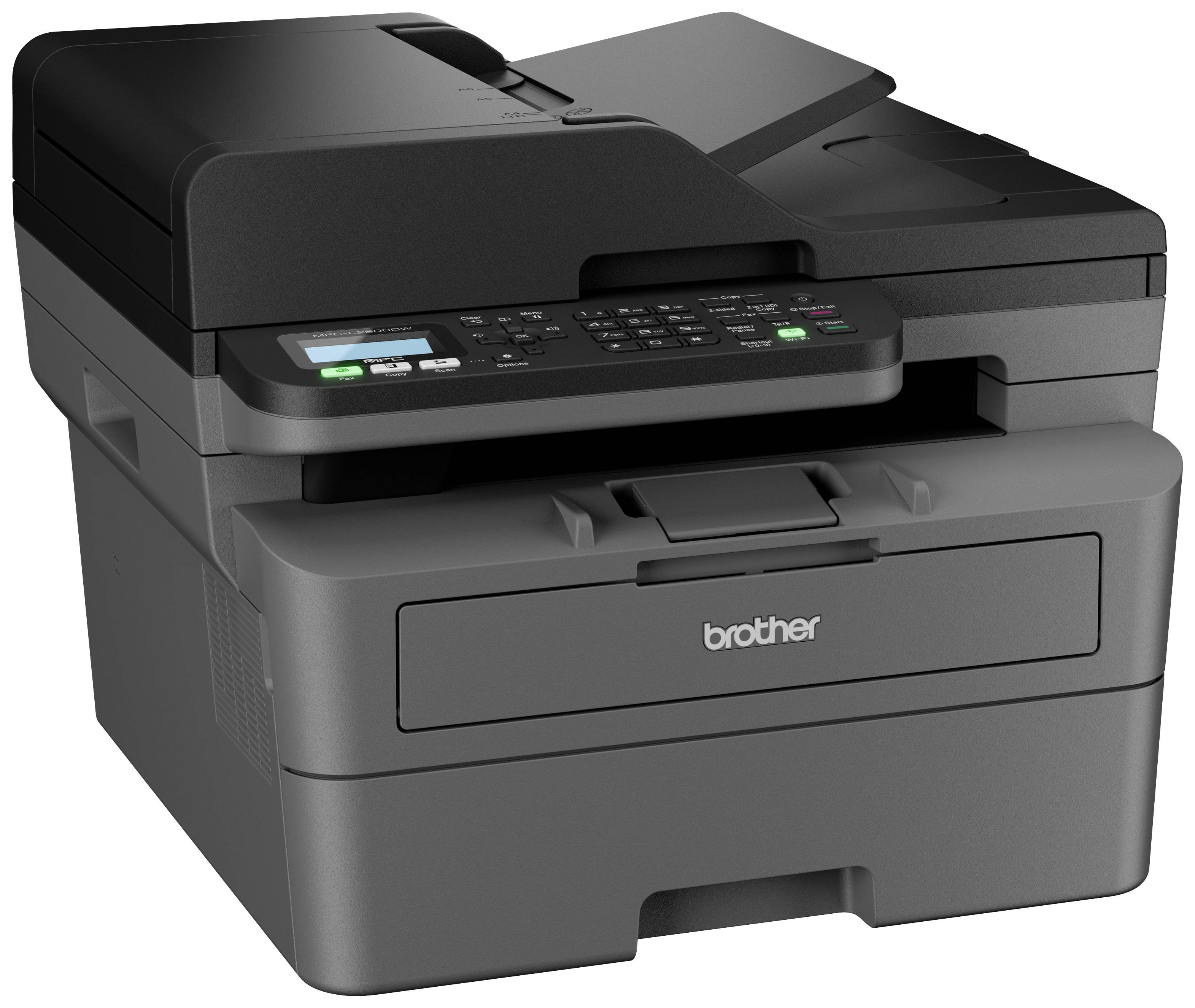 Multifunktionsdrucker mit schwarz-grauem Gehäuse, Tastenfeld und Display an der Vorderseite. Automatischer Dokumenteneinzug oben.
