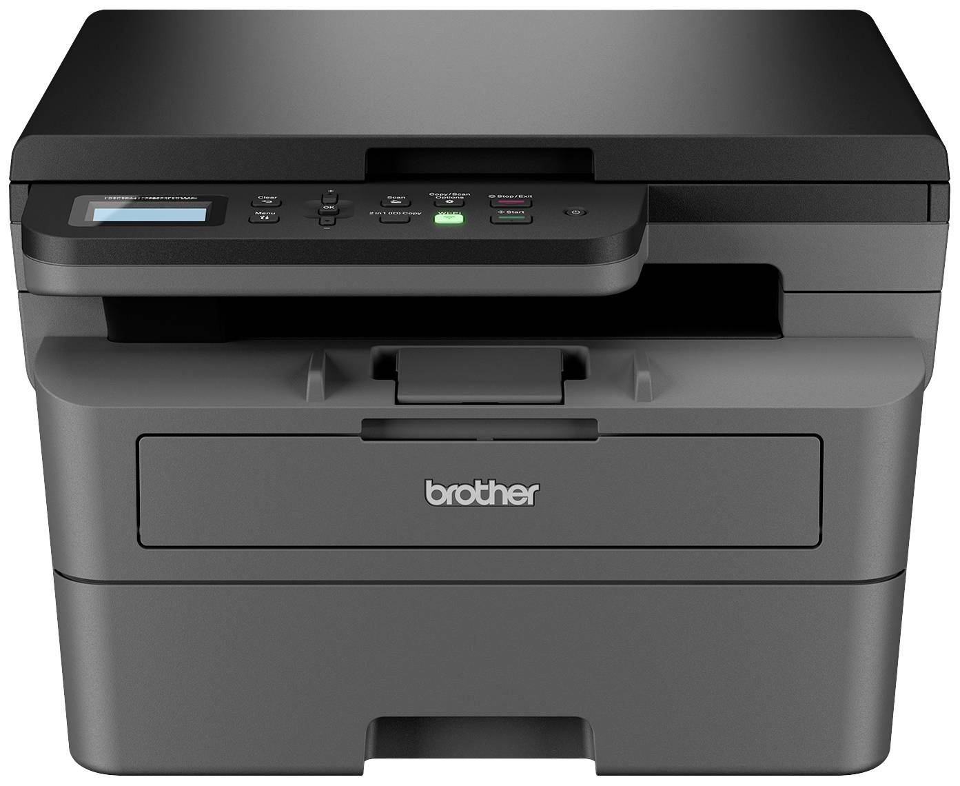 Ein Multifunktionsdrucker der Marke Brother in grauer Farbe. Er verfügt über ein Bedienfeld mit Tasten und einem kleinen Display oben.