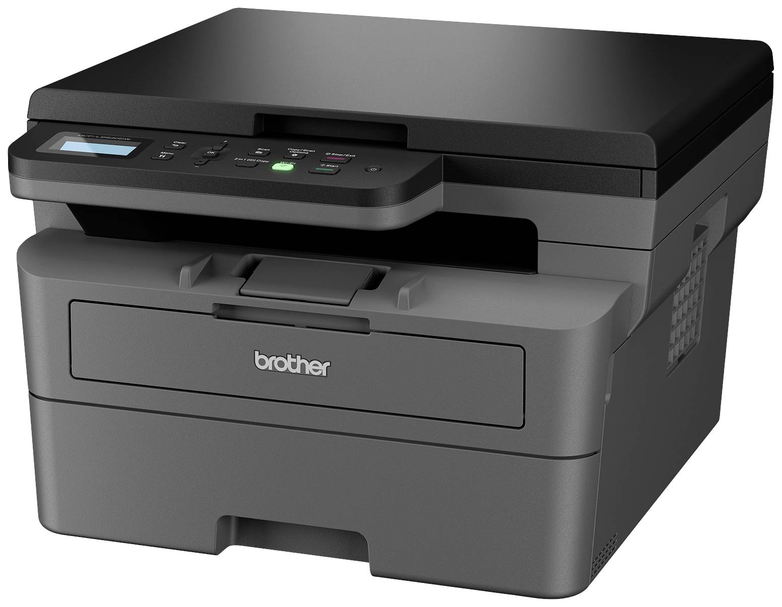 Ein schwarzer Multifunktionsdrucker mit Display und Tasten, Marke 'Brother', geeignet für Drucken, Scannen und Kopieren in Büros.