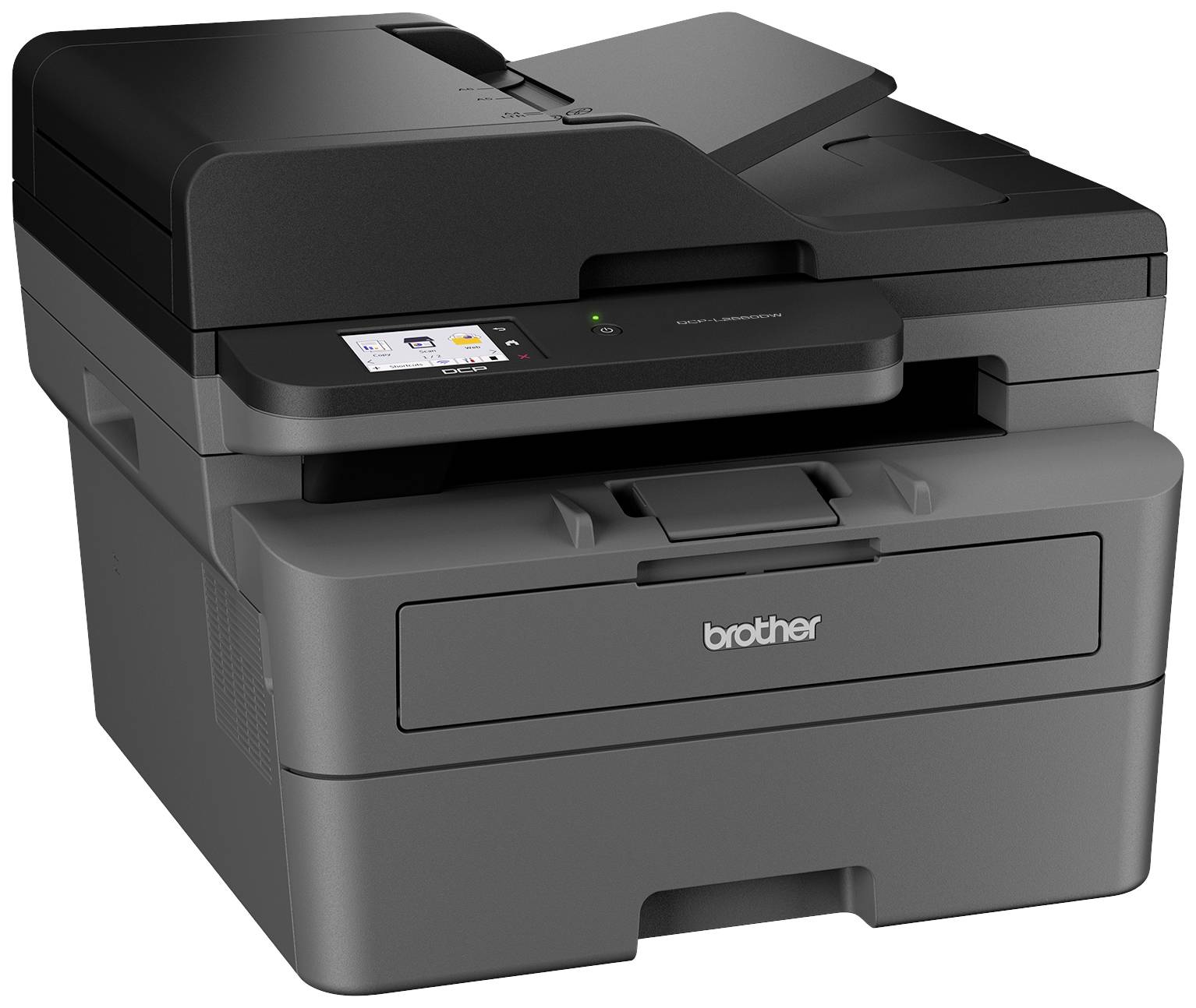 Ein schwarzer Multifunktionsdrucker mit integriertem Scanner, Bedienfeld mit Display und Tasten, geeignet für Büroanwendungen.