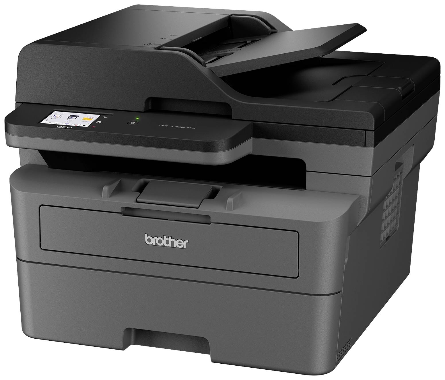 Ein schwarzer Multifunktionsdrucker mit Scanner und Papierfach an der Vorderseite, Marke erkennbar am Gerät.