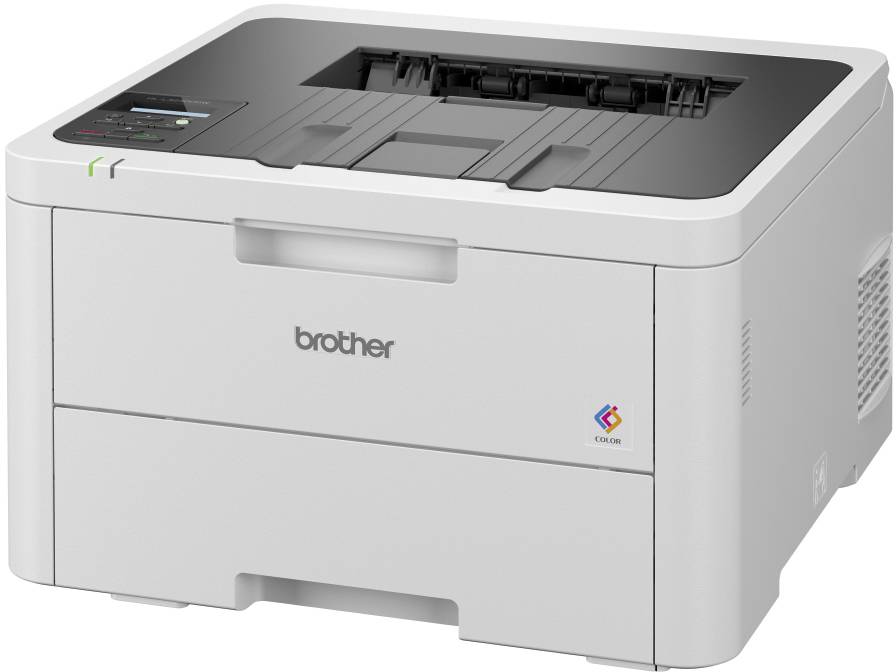 Ein weißer Drucker mit schwarzer Oberseite. Auf der Vorderseite steht 'brother' und ein kleines Farbsymbol ist sichtbar.