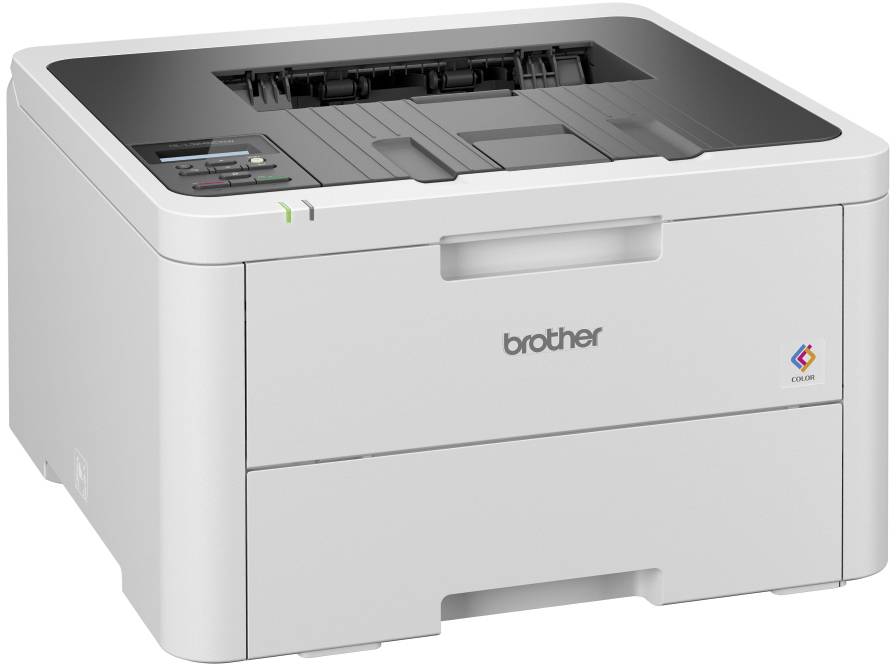 Ein weißer Laserdrucker auf einem Tisch. Das Gerät hat ein schwarzes Bedienfeld und eine Papierausgabe vorne.