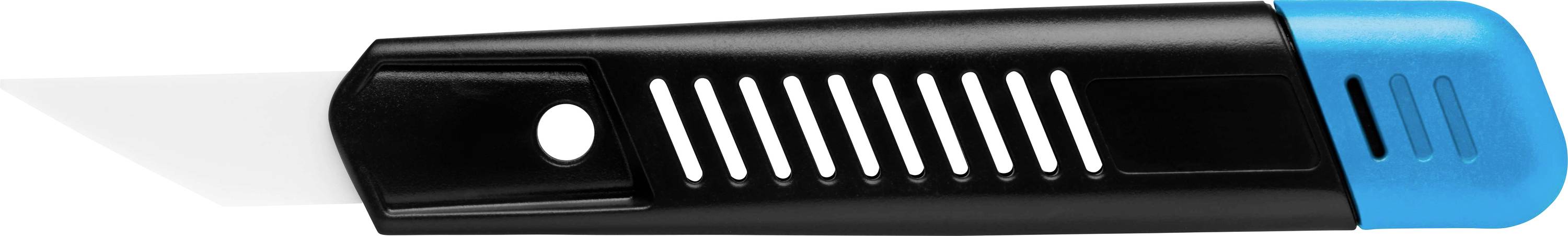 Ein schwarzes Cuttermesser mit blauer Kappe und ausgefahrener Klinge.