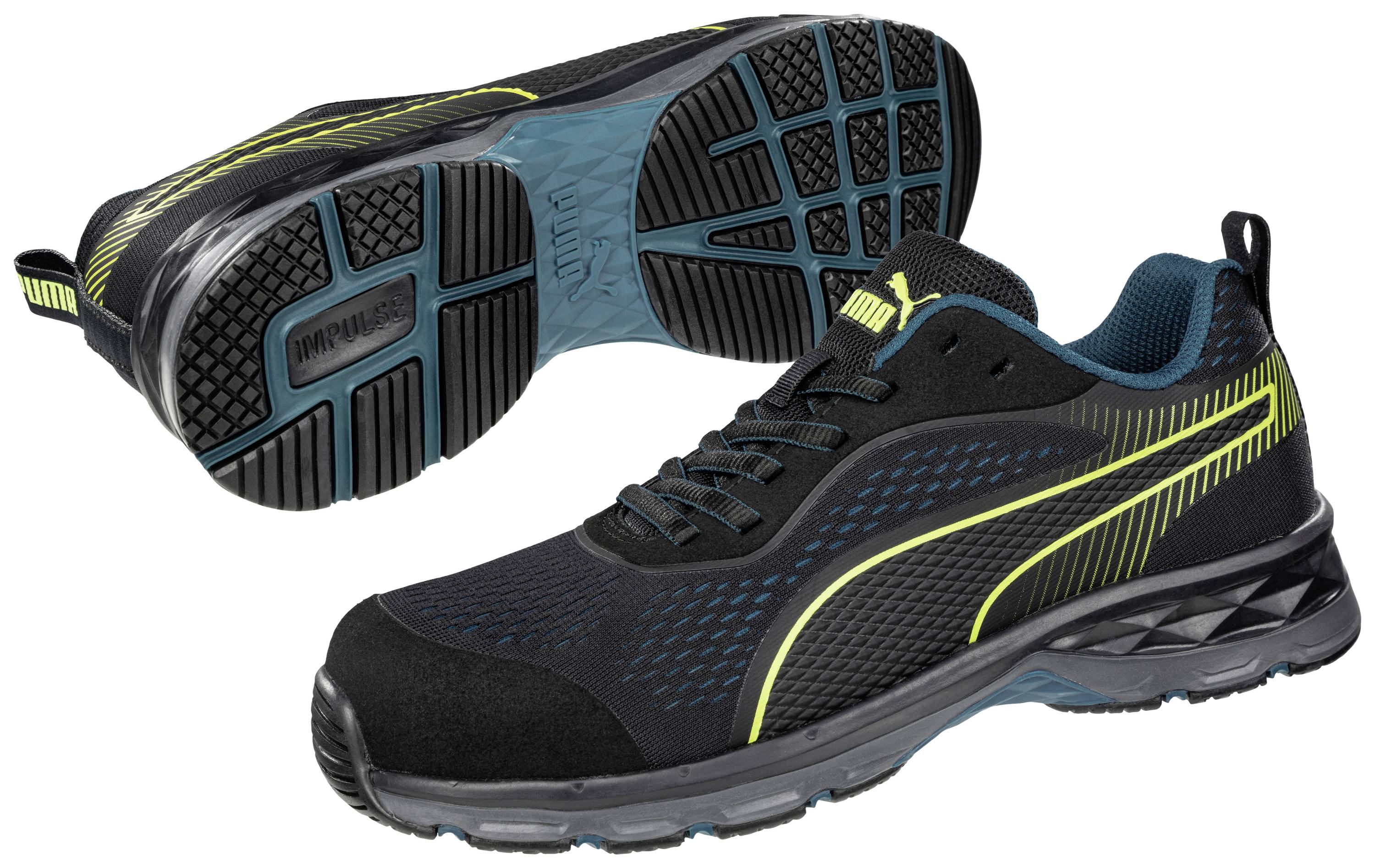Schwarze Sicherheitsschuhe mit blauen und gelben Details. Profilierte Sohle und seitliches Puma-Logo sichtbar.