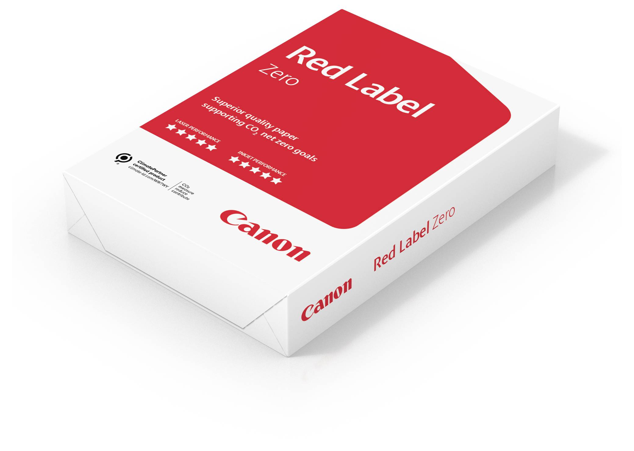 Packung Canon Red Label Zero Papier, mit Betonung auf Qualität und ökologischen Zertifizierungen.