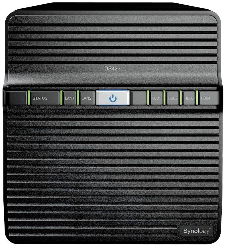 Schwarzes NAS-Gerät mit Modellnummer 'DS423' an der Vorderseite. Status, LAN1, LAN2 LEDs und ein blauer Einschaltknopf sichtbar.