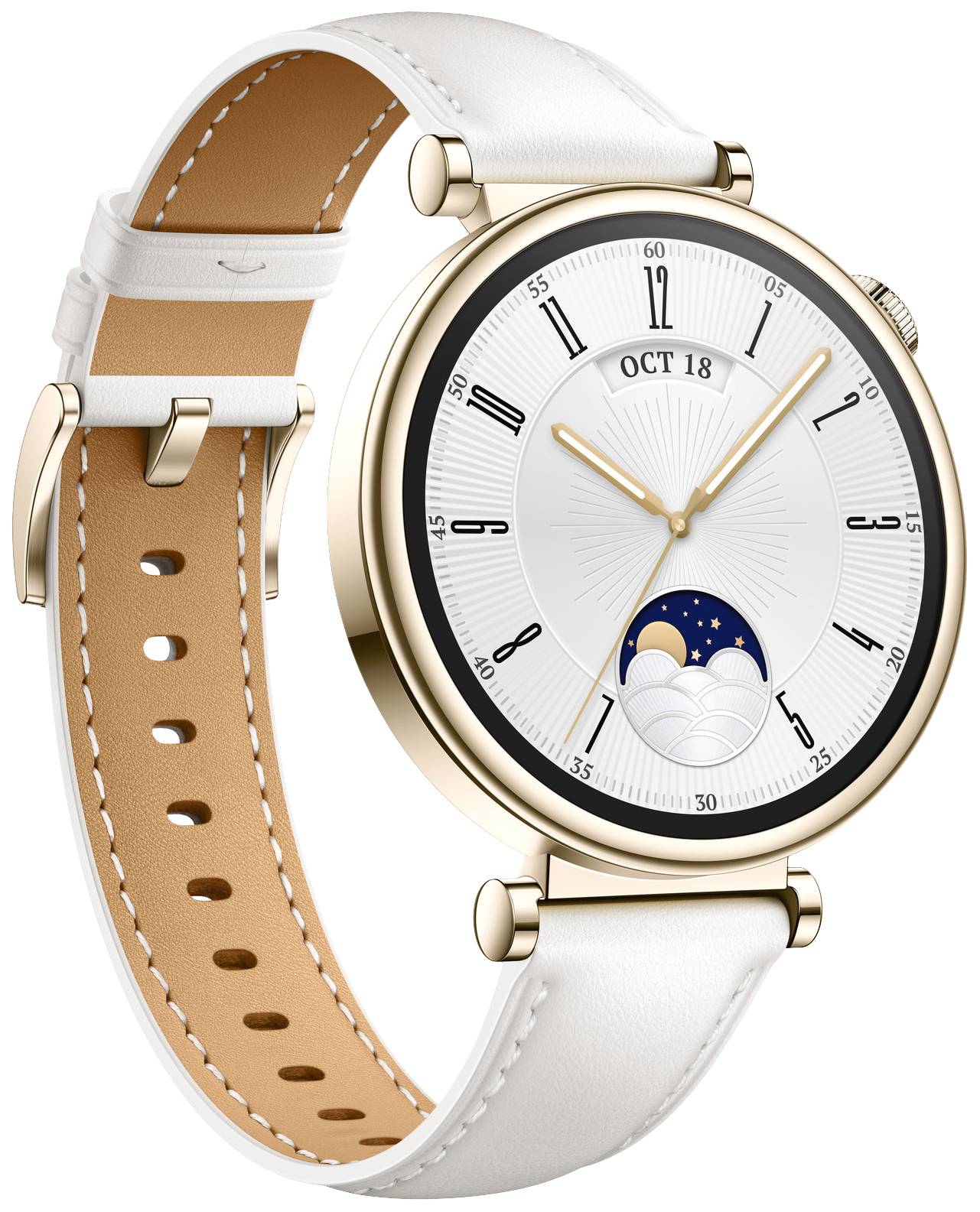 Eine elegante Armbanduhr mit weißem Zifferblatt, goldenen Zeigern und Datumsanzeige. Lederarmband in Weiß und Braun.