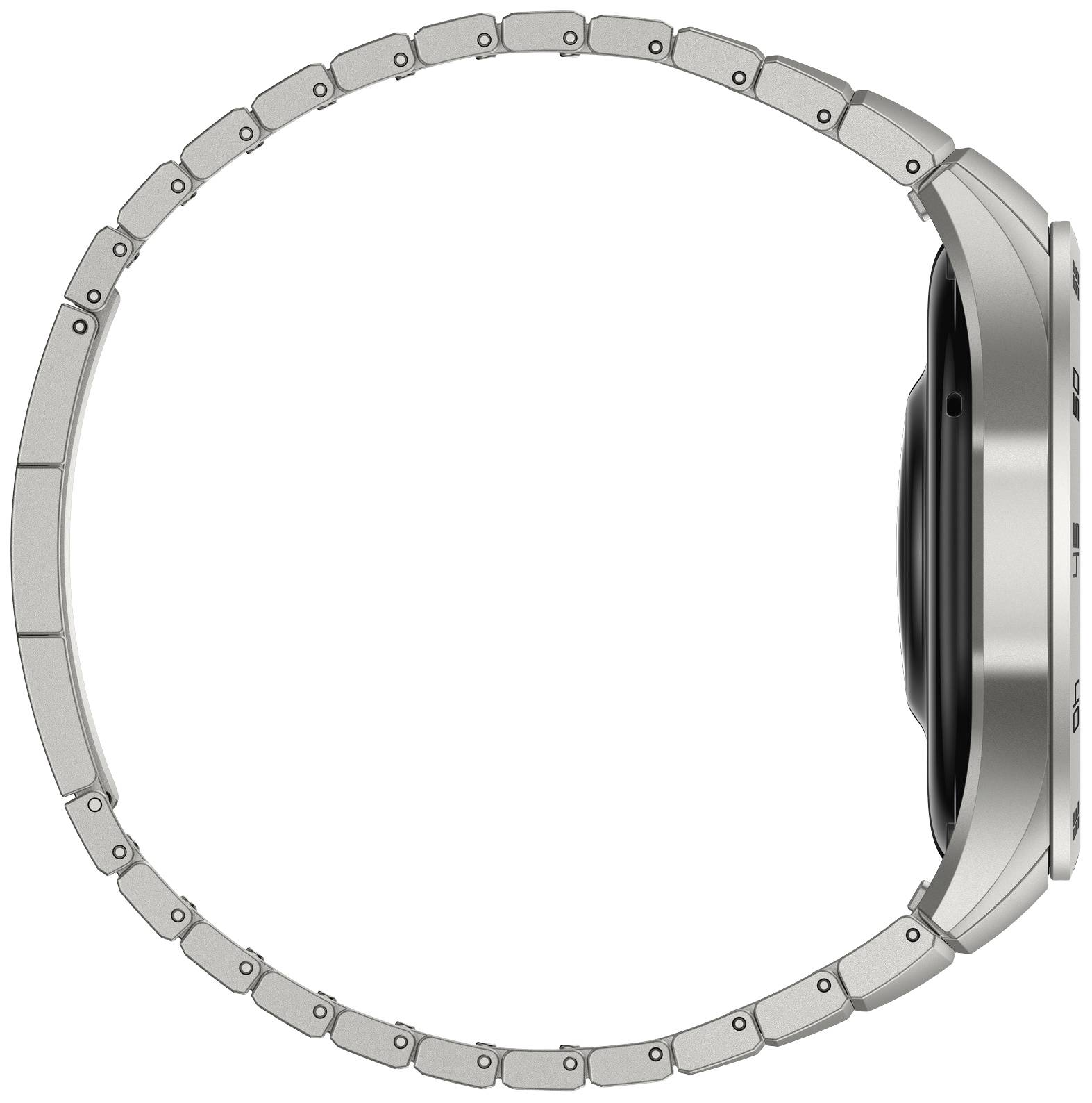 Silberne Smartwatch von der Seite, mit Metallarmband in geschlossenem Zustand, zeigt das schlanke Design und Profil der Uhr.