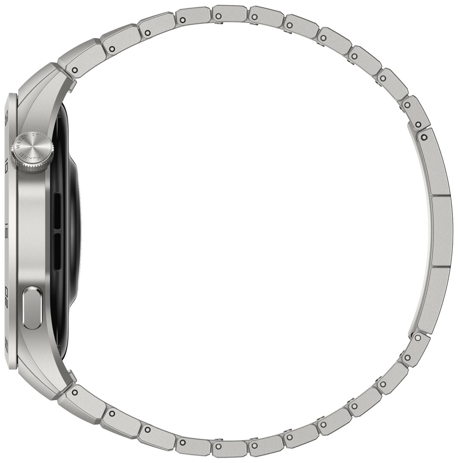 Eine Smartwatch von der Seite mit Metallarmband. Das Zifferblatt ist nach rechts gerichtet und das Uhrengehäuse ist silbern.