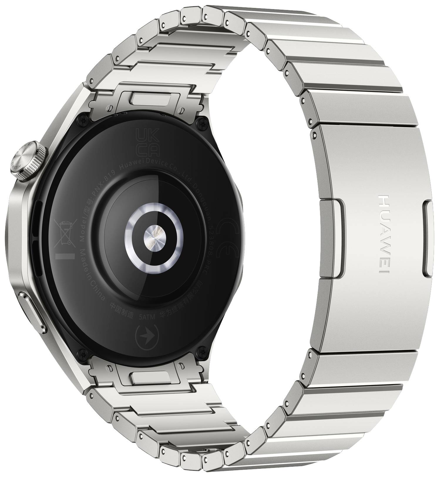 Eine elegante Smartwatch mit silbernem Metallarmband, Rückseite sichtbar, zeigt das Gehäuse und die Marke auf dem Armband.