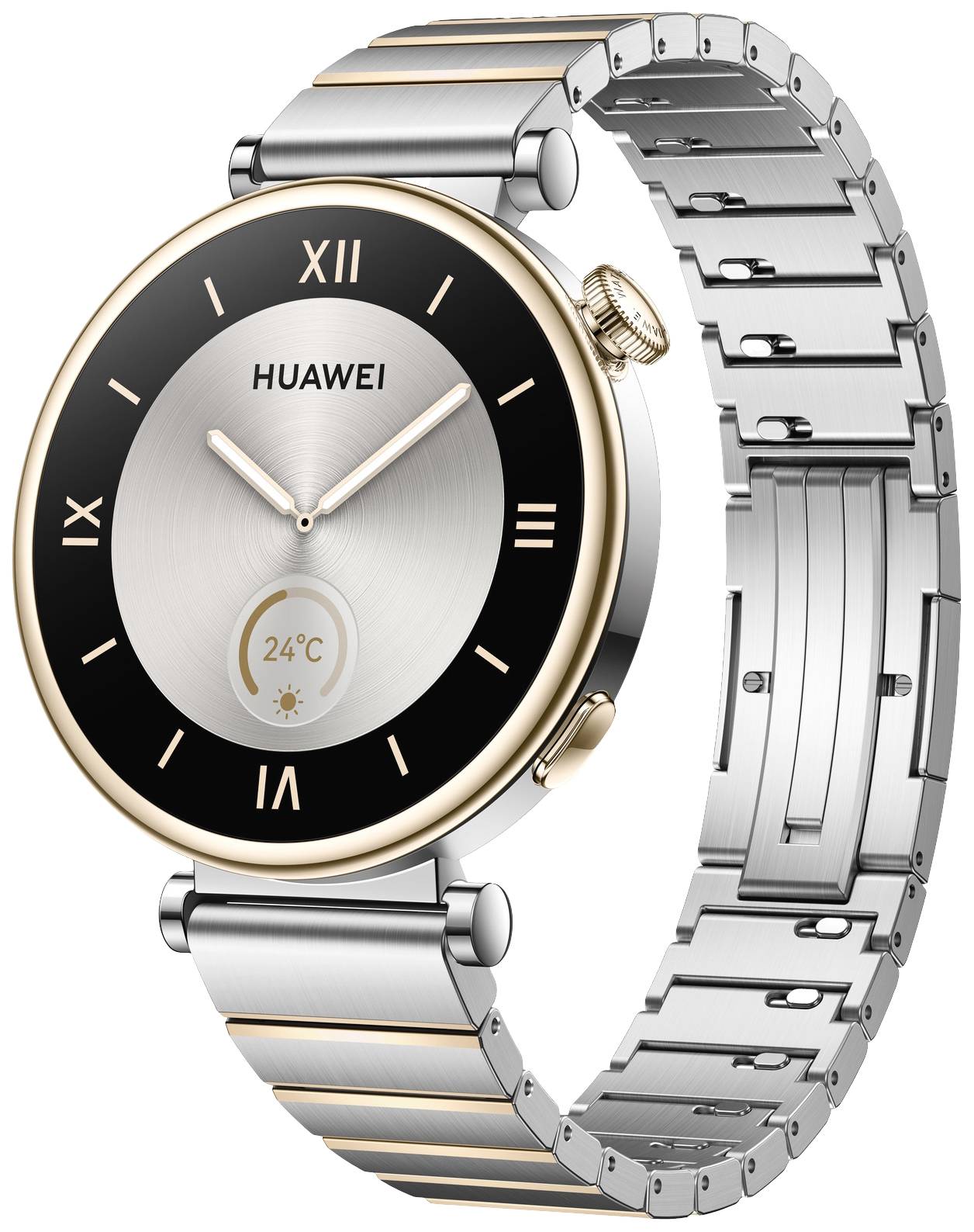 Eine elegante silberne Smartwatch mit rundem Zifferblatt und goldenem Rand, zeigt eine Temperatur von 24°C an.