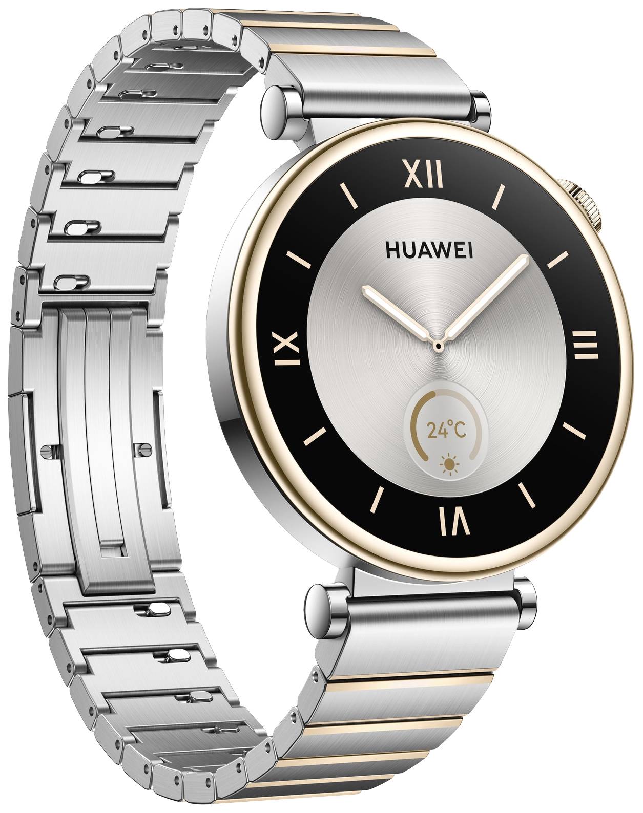 Stilvolle Smartwatch aus Edelstahl mit rundem Zifferblatt, römischen Ziffern, Huawei-Logo und Temperaturanzeige (24°C) auf dem Zifferblatt.