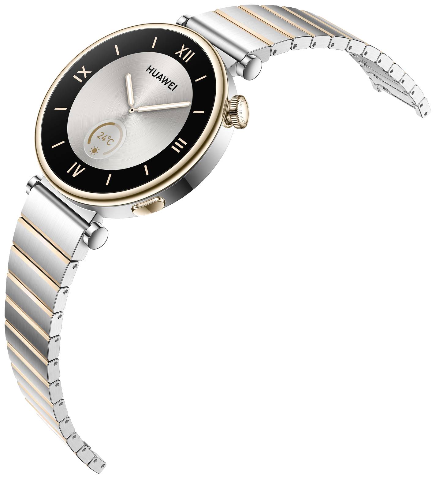 Eine elegante Smartwatch mit rundem Zifferblatt, römischen Ziffern und einem silbernen und goldfarbenen Armband.