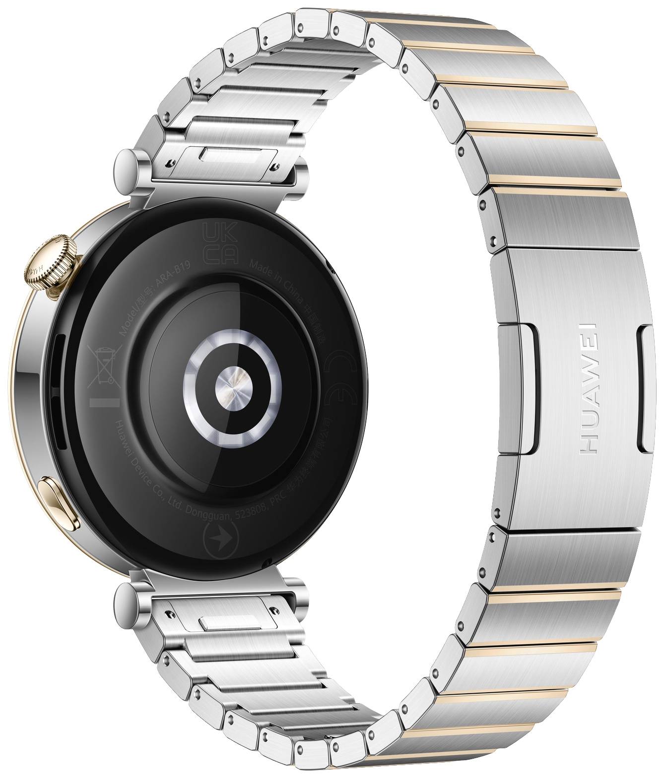 Elegante Smartwatch mit rundem Zifferblatt und Metallarmband, zeigt eine moderne Kombination aus schwarzer und silberner Farbgebung.