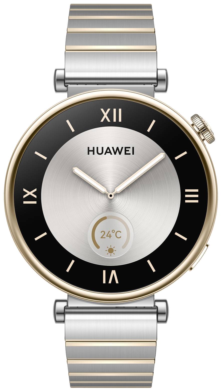 Eine elegante Huawei-Smartwatch mit rundem Zifferblatt, römischen Ziffern und Temperaturanzeige. Silbernes und goldenes Metallarmband.