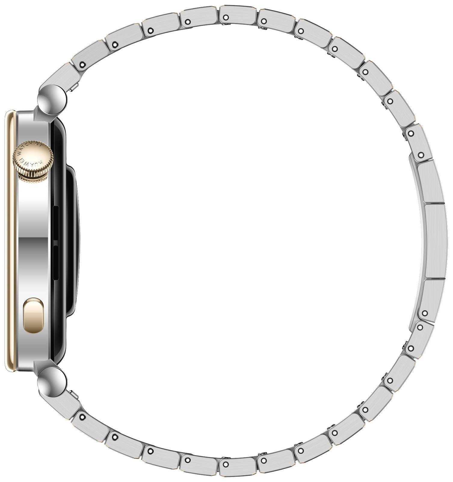 Eine Seite einer Smartwatch mit Metallarmband, digitale Krone und flaches Gehäuse aus Edelstahl und Goldakzenten.