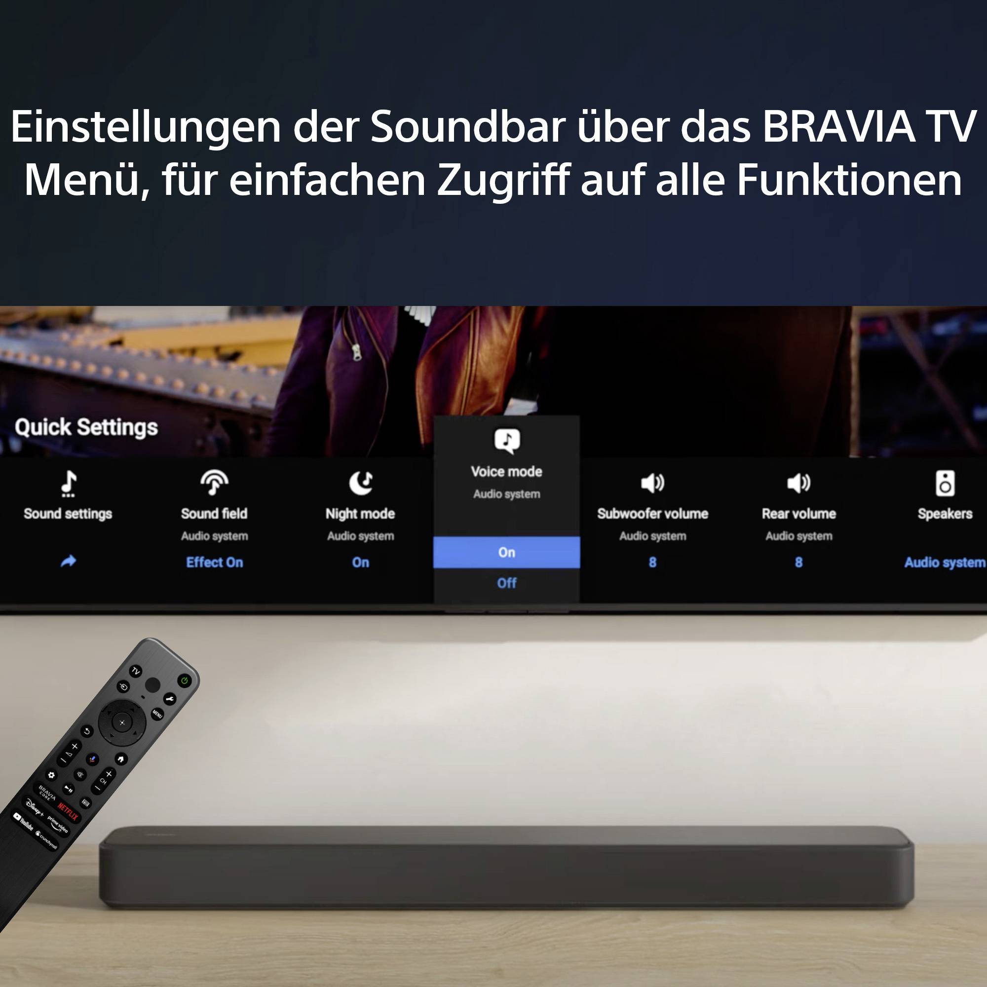 'Quick Settings' zeigt Soundbar-Optionen auf Bravia TV an, einschließlich Sound-Modus und Lautstärke für einfache Bedienung.