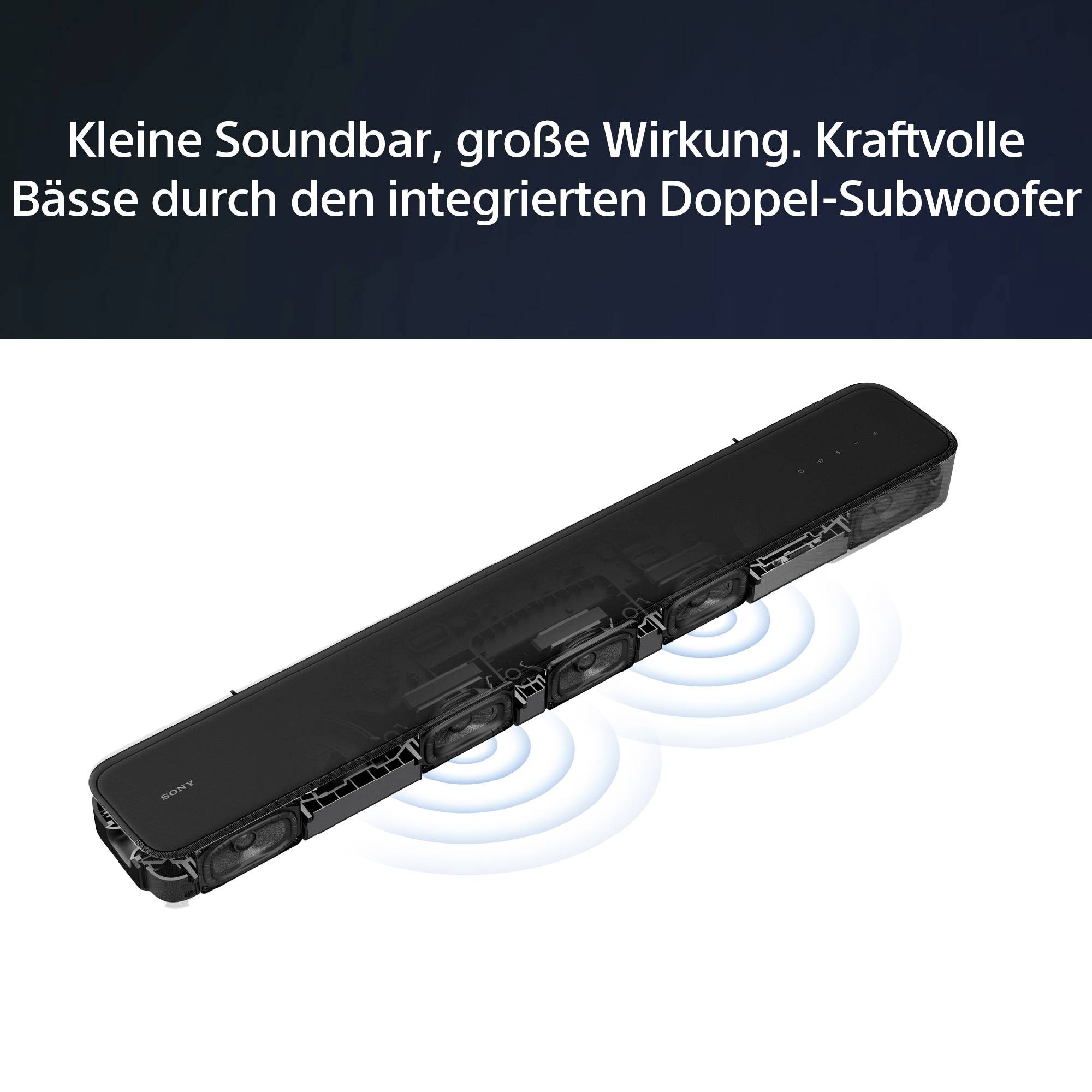 Schwarze Soundbar mit integriertem Doppel-Subwoofer und blauen Schallwellen-Symbolen. Text oben beschreibt kraftvolle Bässe.