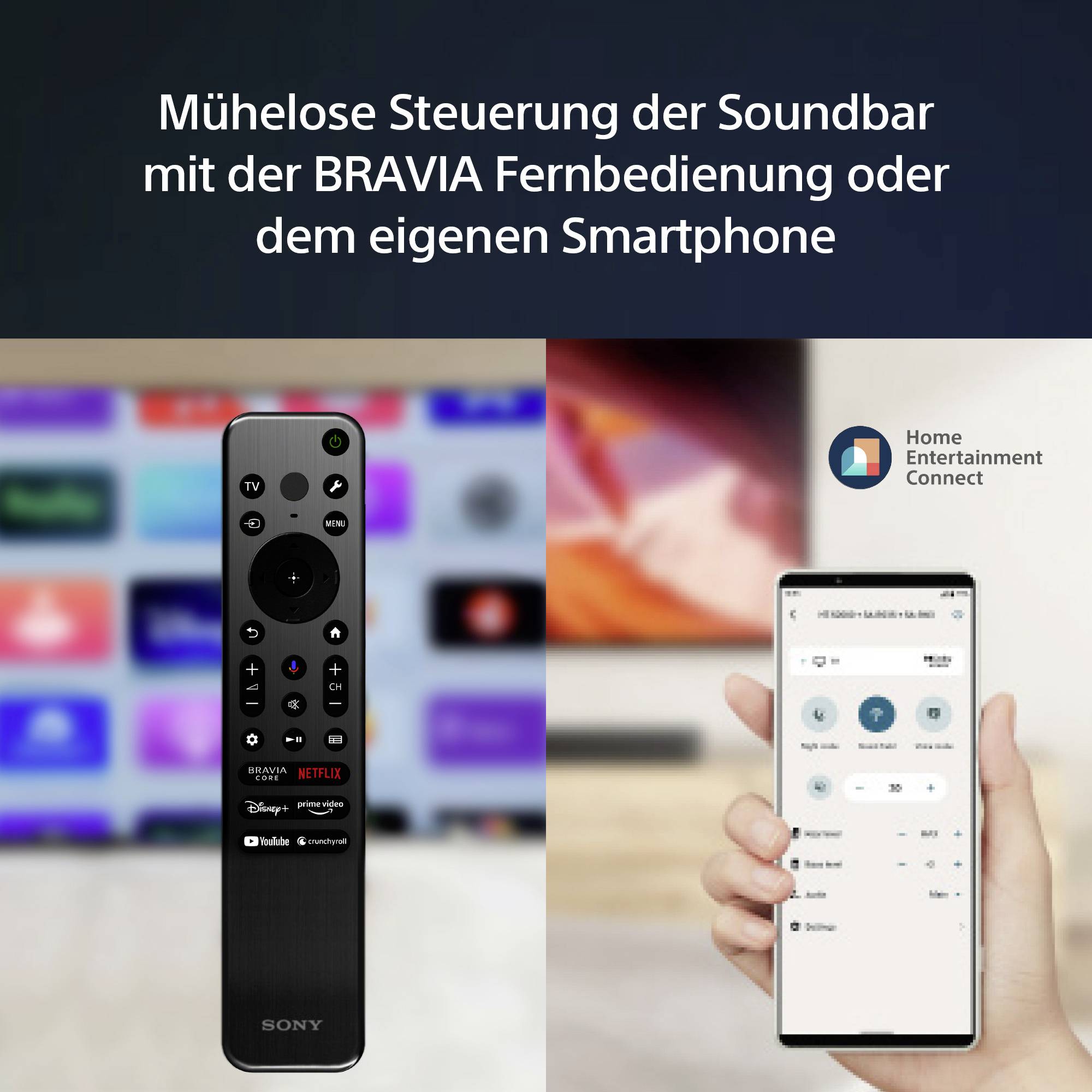 BRAVIA Fernbedienung und Smartphone steuern Soundbar. Smartphone zeigt Home Entertainment Connect App mit Steuerelementen an.