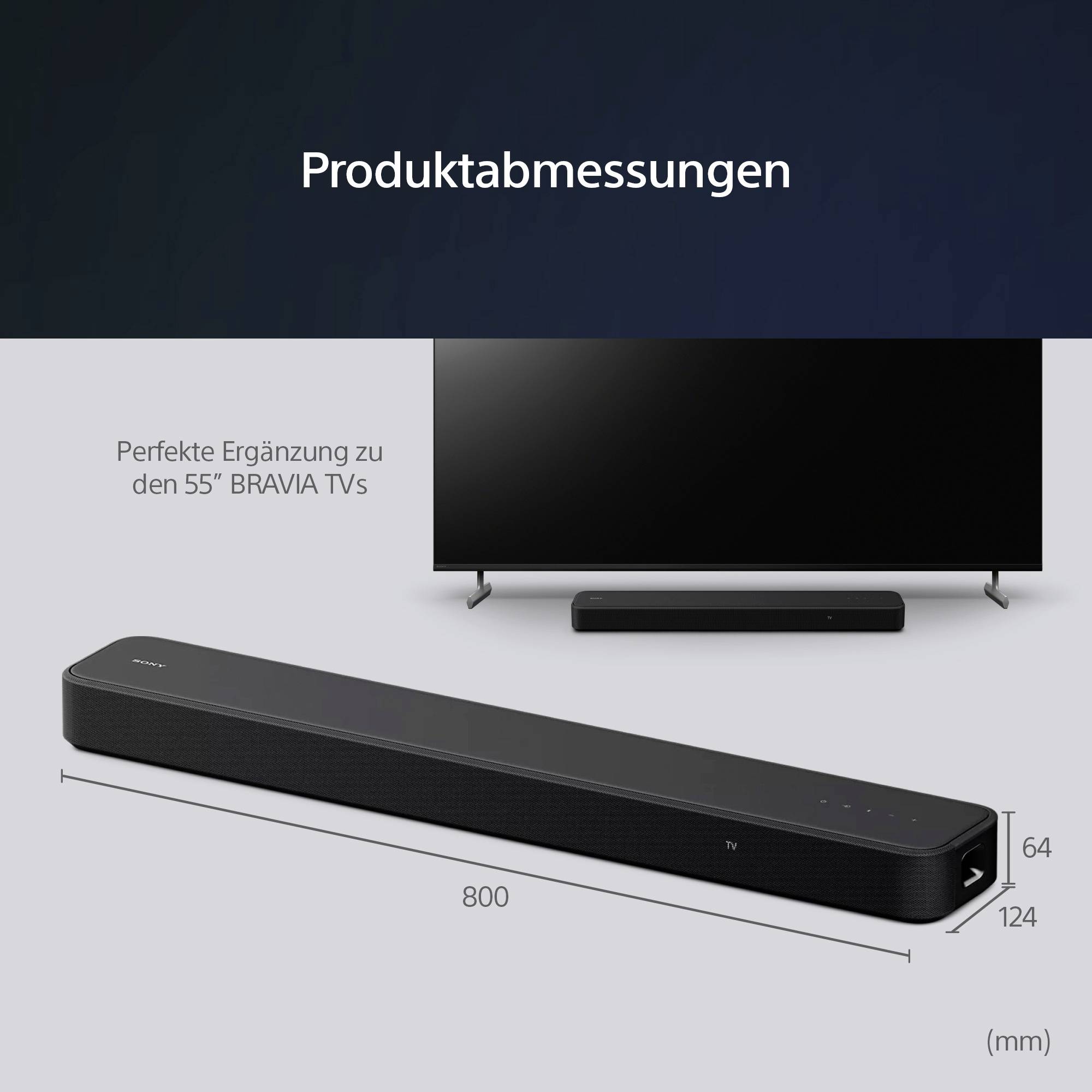 Abmessungen einer Soundbar: 800 mm breit, 64 mm hoch, 124 mm tief. Angezeigt vor einem Fernseher als optimale Ergänzung für 55-Zoll-Bravia-TVs.