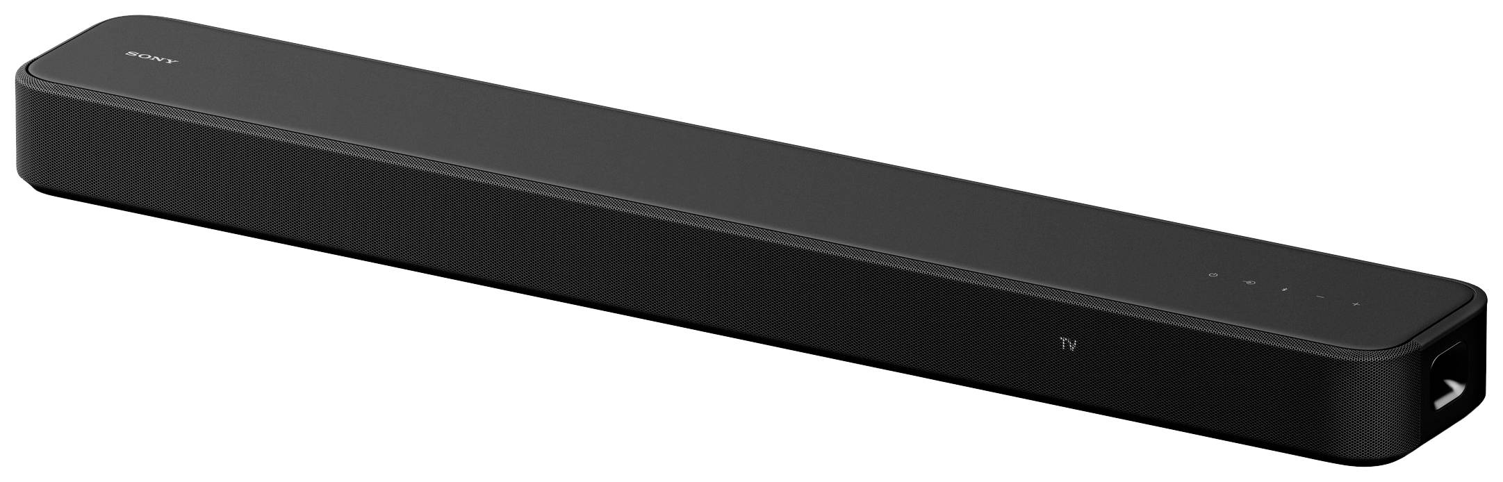 Schwarze Soundbar auf weißem Hintergrund, schlankes Design, geeignet für Heimkino-Systeme, verbessert TV-Tonqualität.