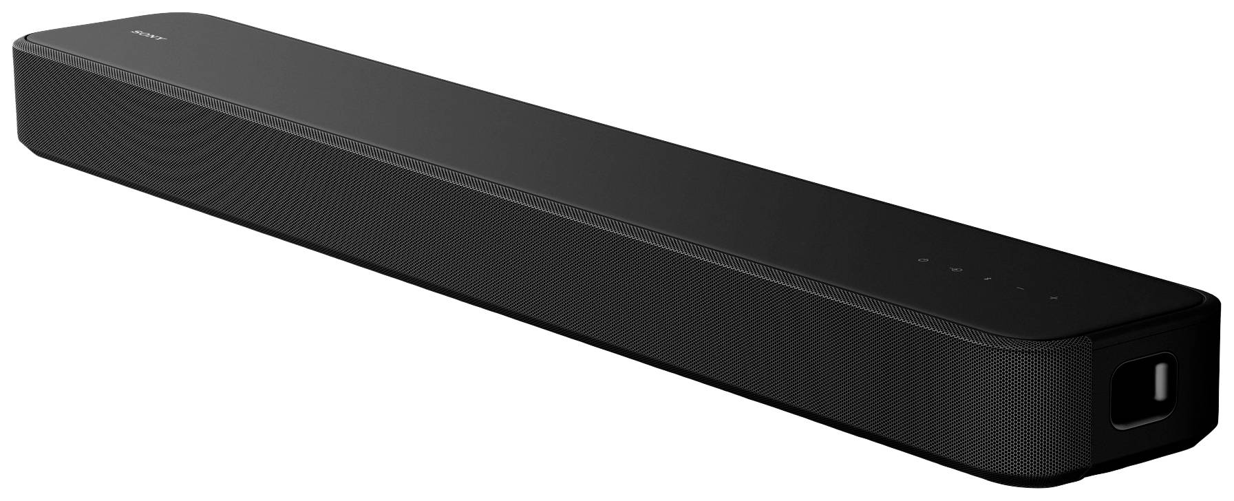 Schwarze Soundbar mit rechteckigem Gehäuse, seitlicher Netzanschluss, obere Steuertasten, dient der Verbesserung des TV-Klangs.