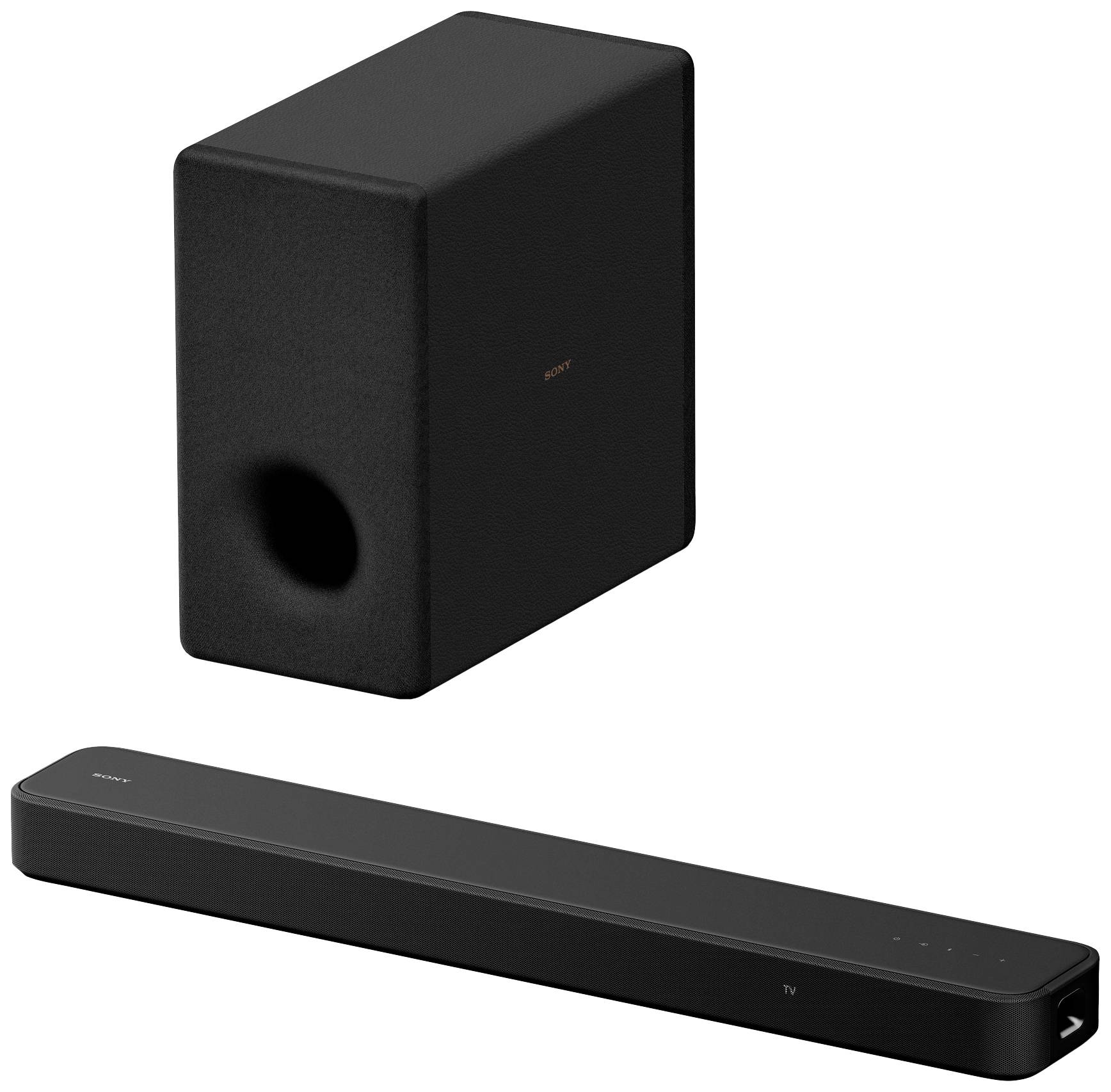 Schwarze Soundbar und Subwoofer in minimalistischem Design. Geeignet für Heimkino-Systeme zur verbesserten Audioqualität.