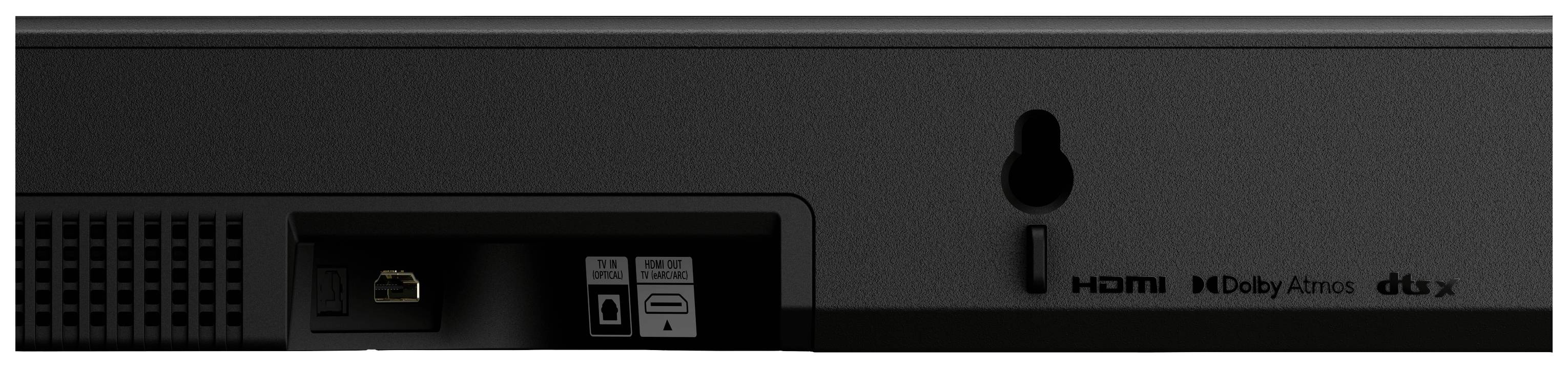 Rückseite eines elektronischen Geräts mit Anschlüssen und Lüftungsschlitzen. Sichtbare HDMI- und Dolby-Atmos-Logos.