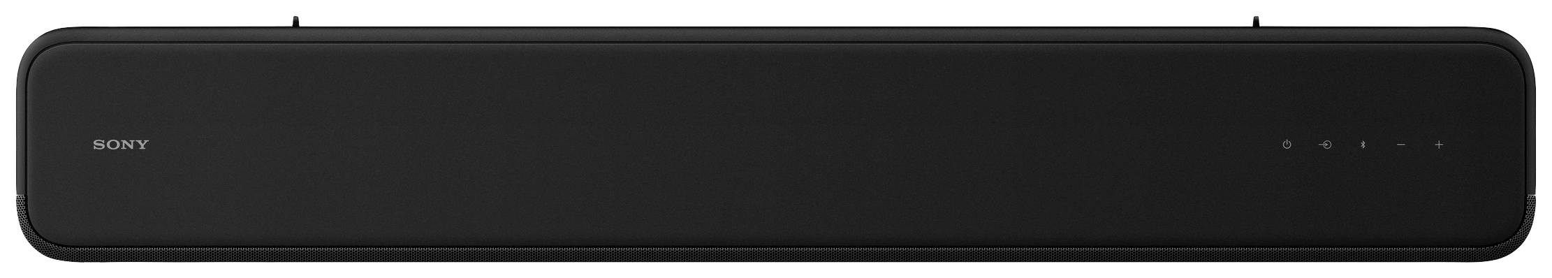 Schwarze Soundbar mit Sony-Logo und vier LEDs auf der Vorderseite, rechteckige Form. Ideal für Heimkino-Setups.