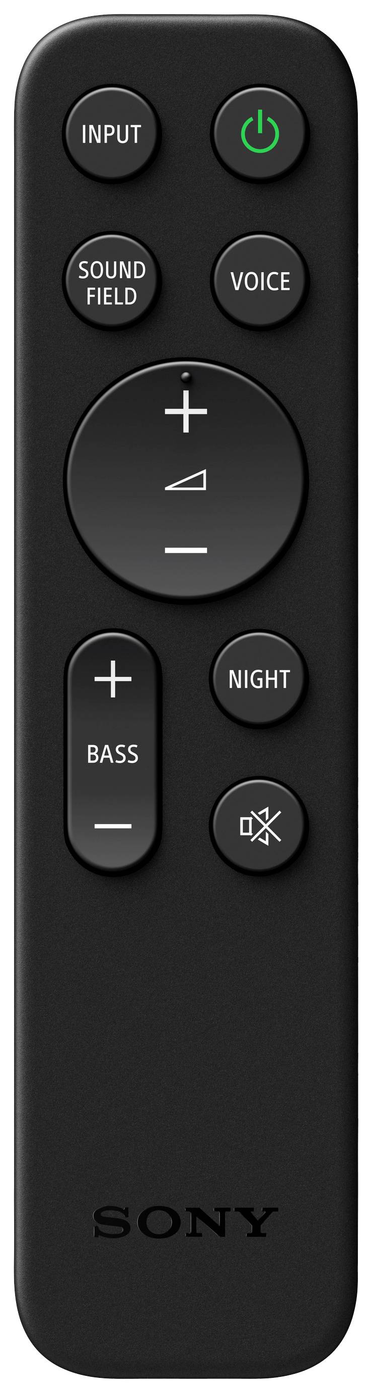 Schwarze Fernbedienung mit sieben Tasten für Lautstärkeregelung, Stummmodus und spezielle Funktionen wie 'Sound Field' und 'Voice'.