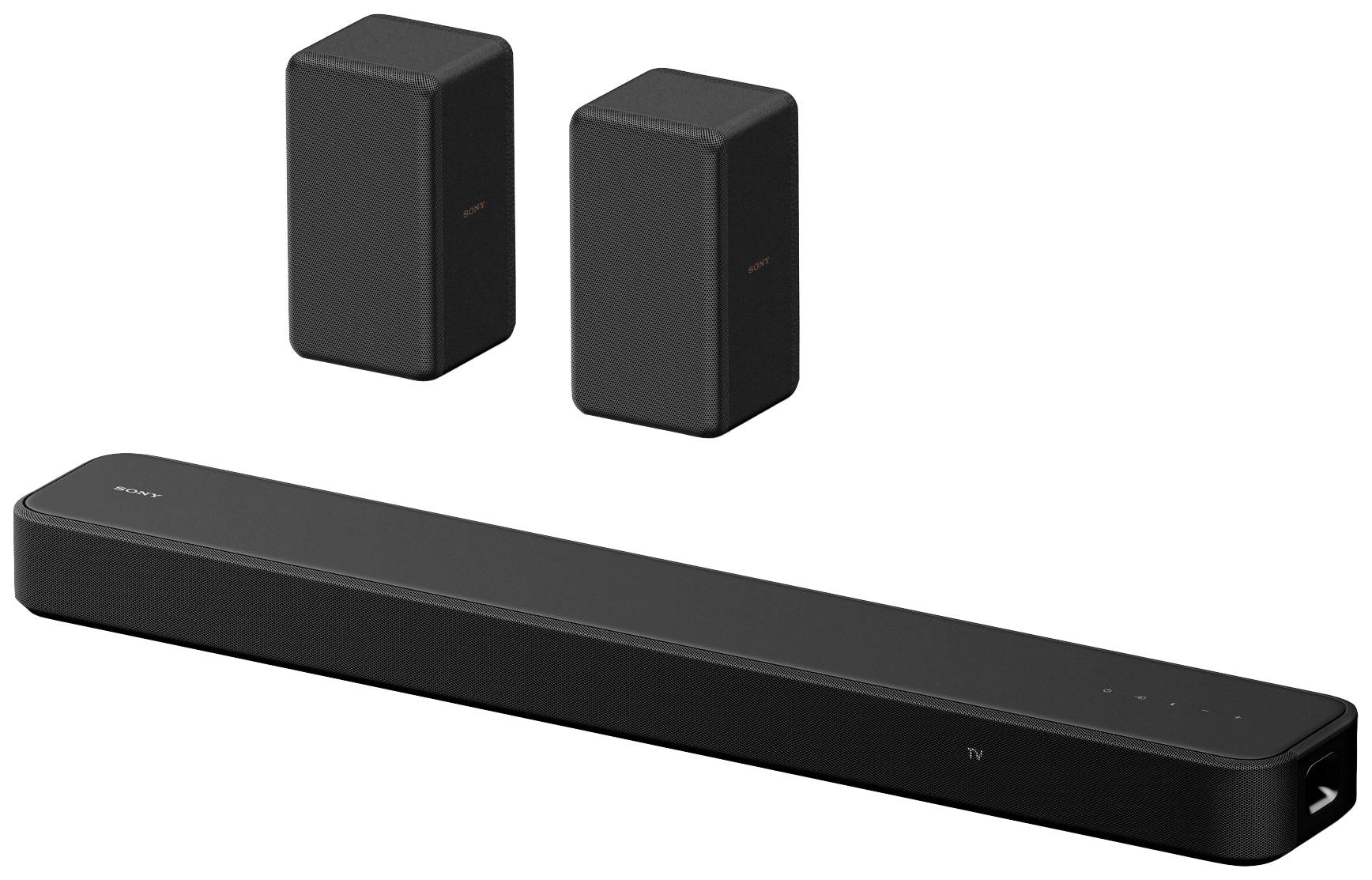 Schwarze Soundbar mit zwei kabellosen Lautsprechern, geeignet für Heimkino.