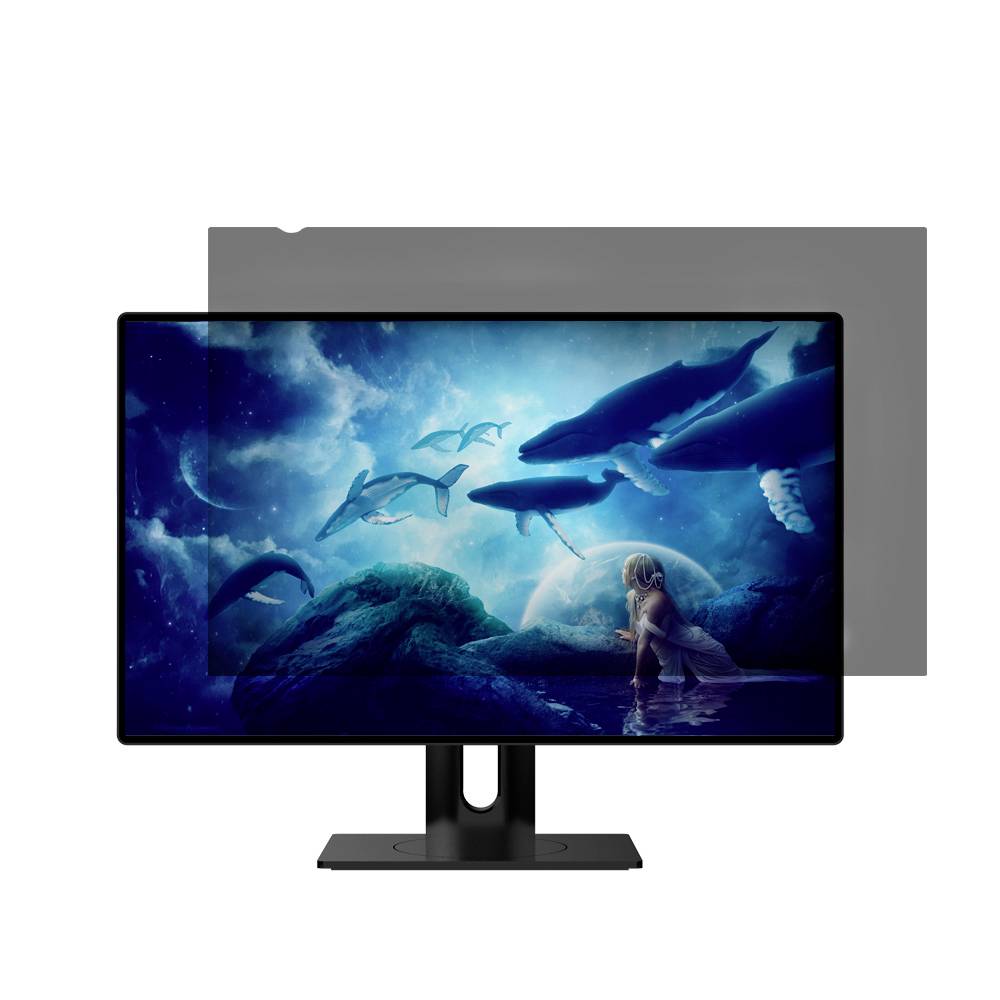 Ein Monitor zeigt ein Unterwasserbild mit Walen und einem Menschen, der auf einem Felsen sitzt. Der Bildschirm ist teilweise von einem grauen Viereck verdeckt.