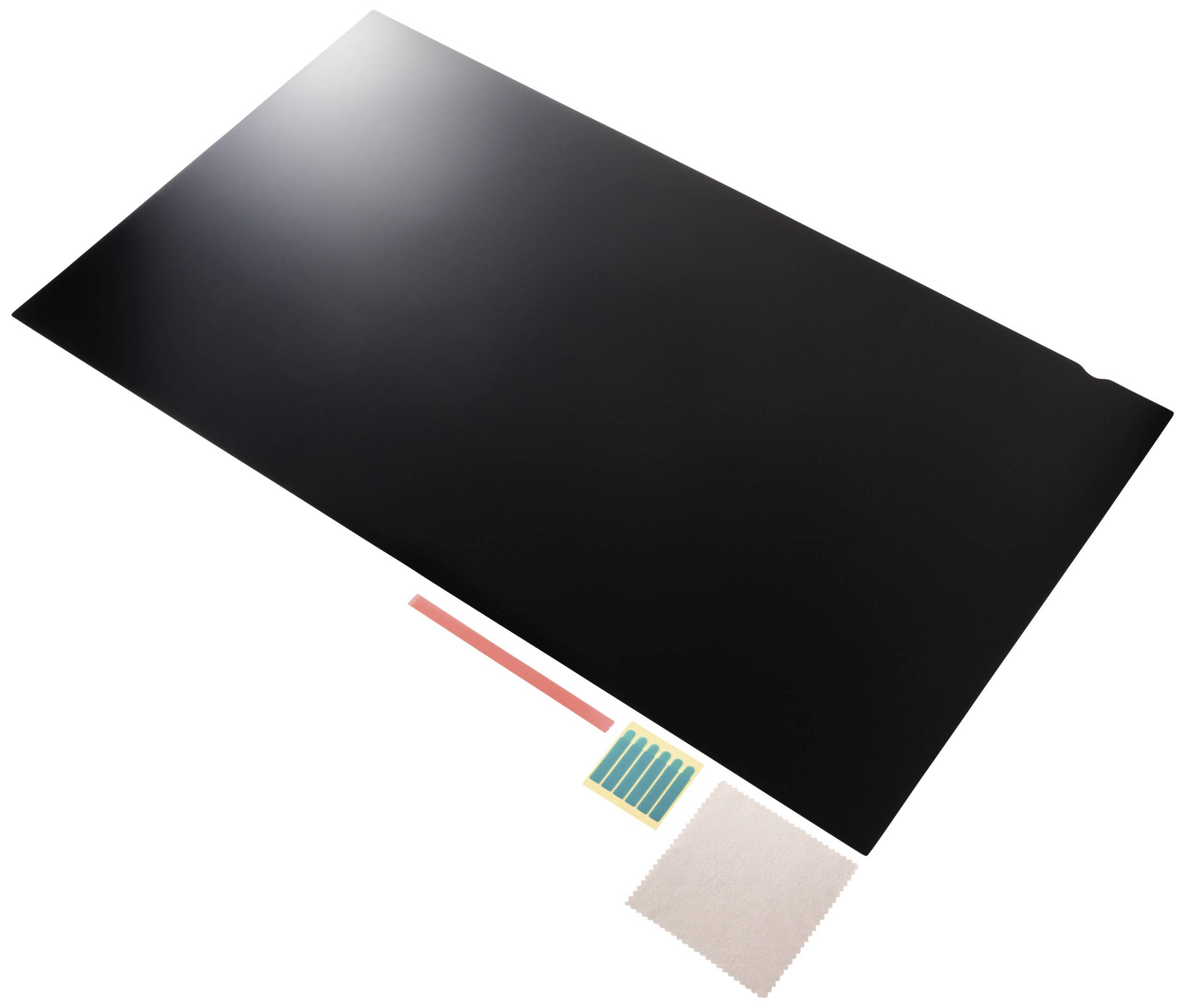 Schwarzes rechteckiges flaches Paneel auf weißem Hintergrund, möglicherweise ein Touchscreen oder Display, mit einem Kabel am unteren Rand.