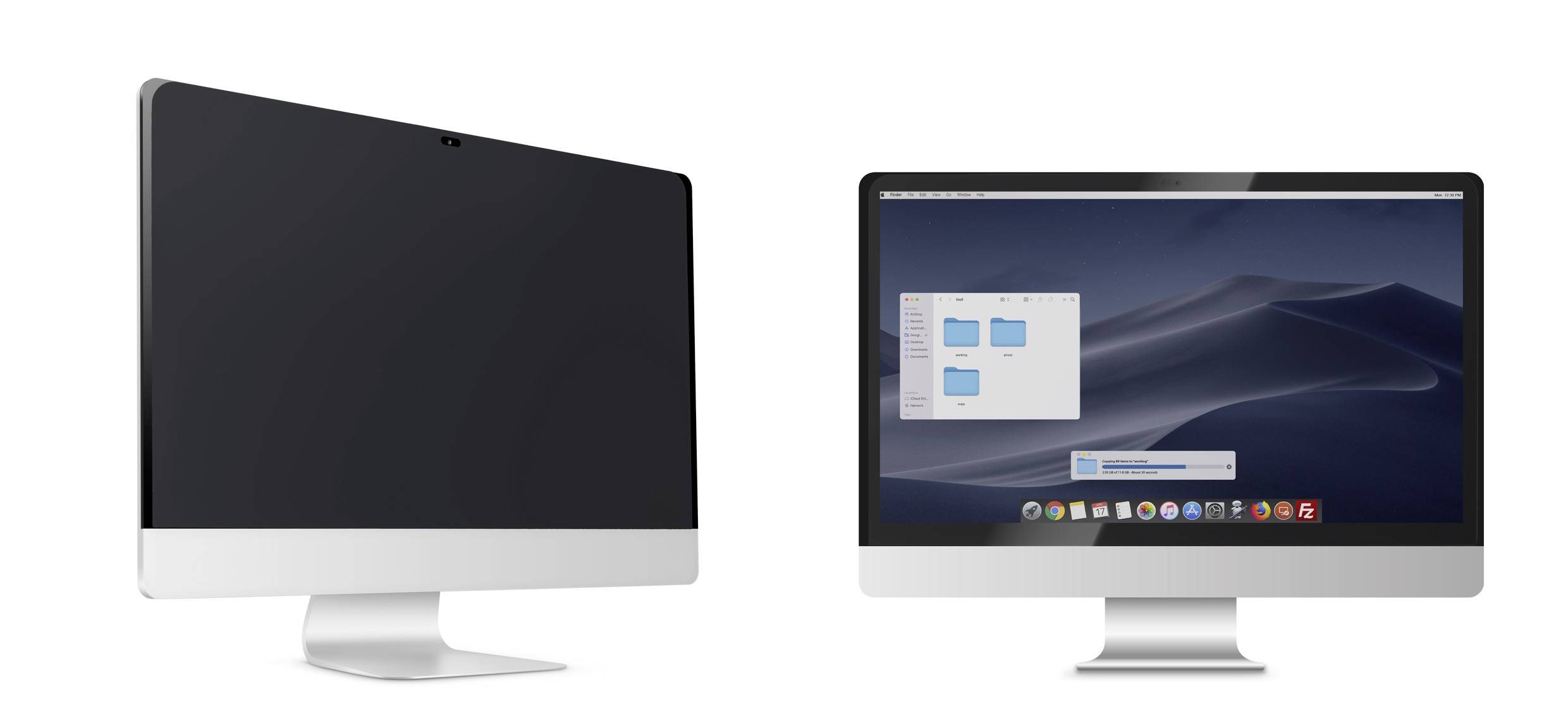 Links ein ausgeschalteter Computerbildschirm, rechts ein eingeschalteter Bildschirm mit geöffneten Ordnern auf dem Desktop.
