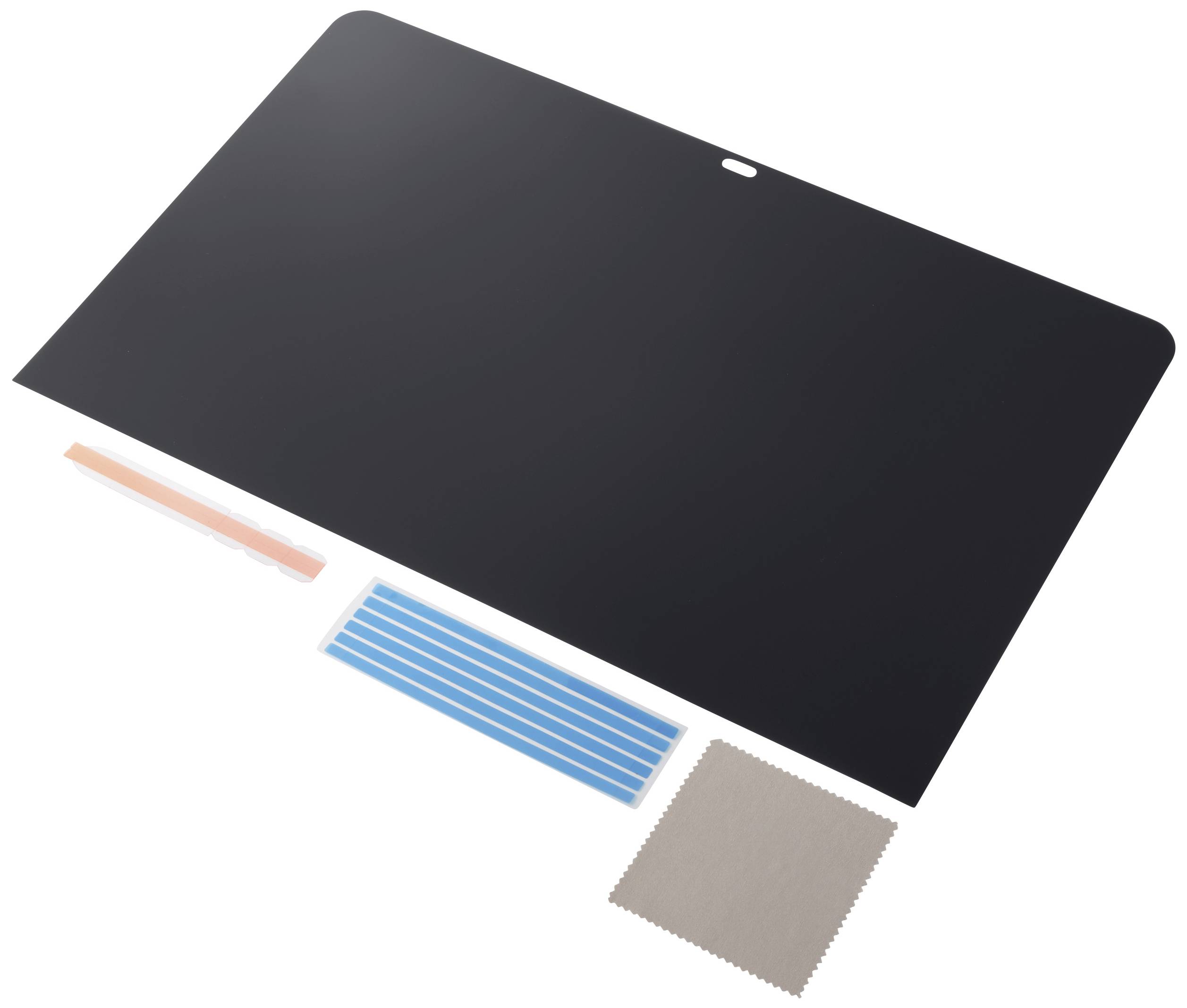 Displayschutzfolie auf weißem Hintergrund, mit Reinigungsset bestehend aus Tuch und Streifen zum Anbringen auf einem Bildschirm.