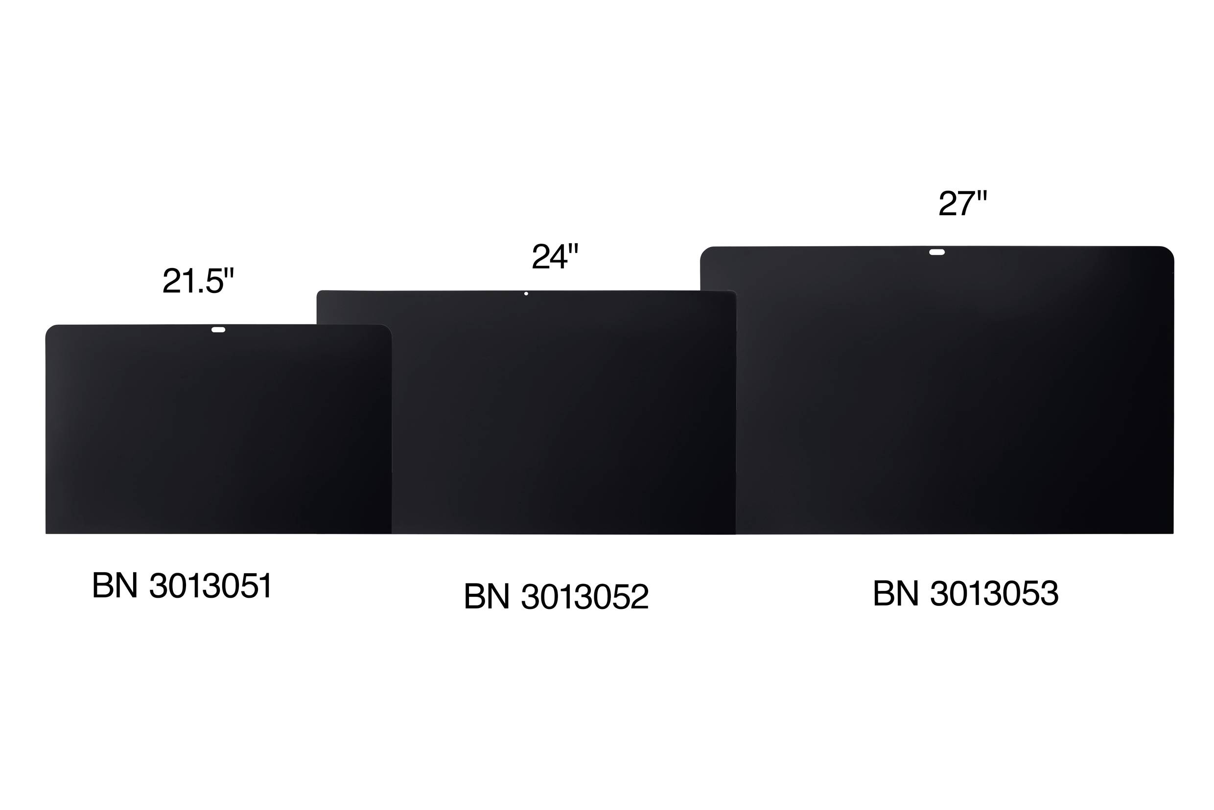 Drei schwarze Monitorbildschirme in verschiedenen Größen: 21,5 Zoll, 24 Zoll und 27 Zoll. Etiketten: 'BN 3013051', 'BN 3013052', 'BN 3013053'.