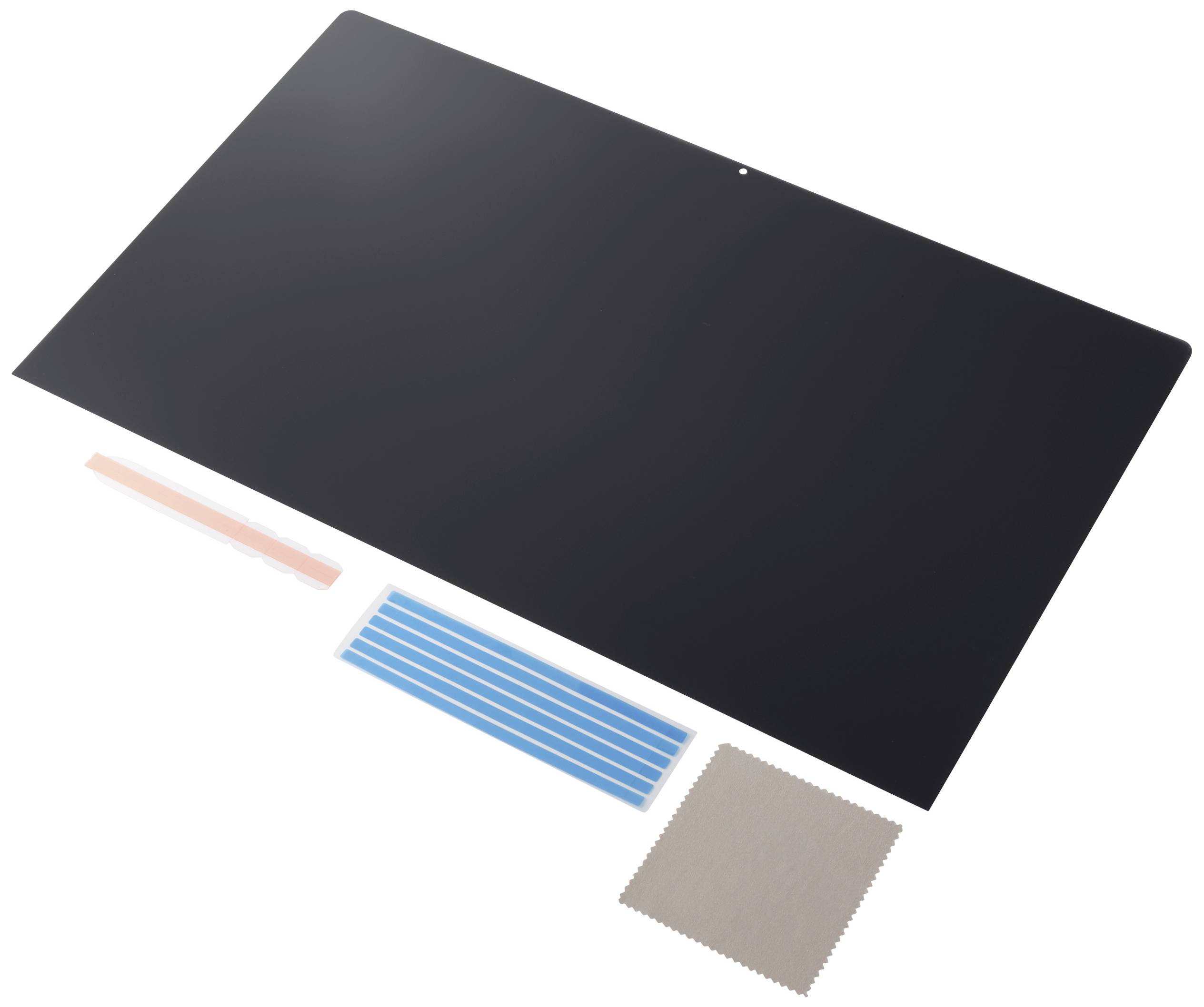Mattschwarzer Bildschirm-Schutzfilter mit blauen Klebestreifen und Reinigungstuch; geeignet für Computer- oder Laptop-Bildschirme.