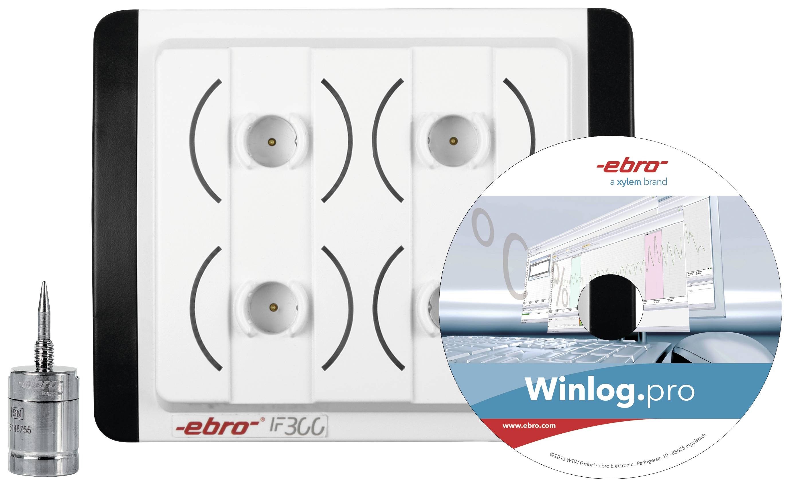 Datenlogger-Set: Ebro IF 300 Interface für 4 Logger mit Winlog.pro Software-CD, inklusive Halterung und Sensor im Bild.