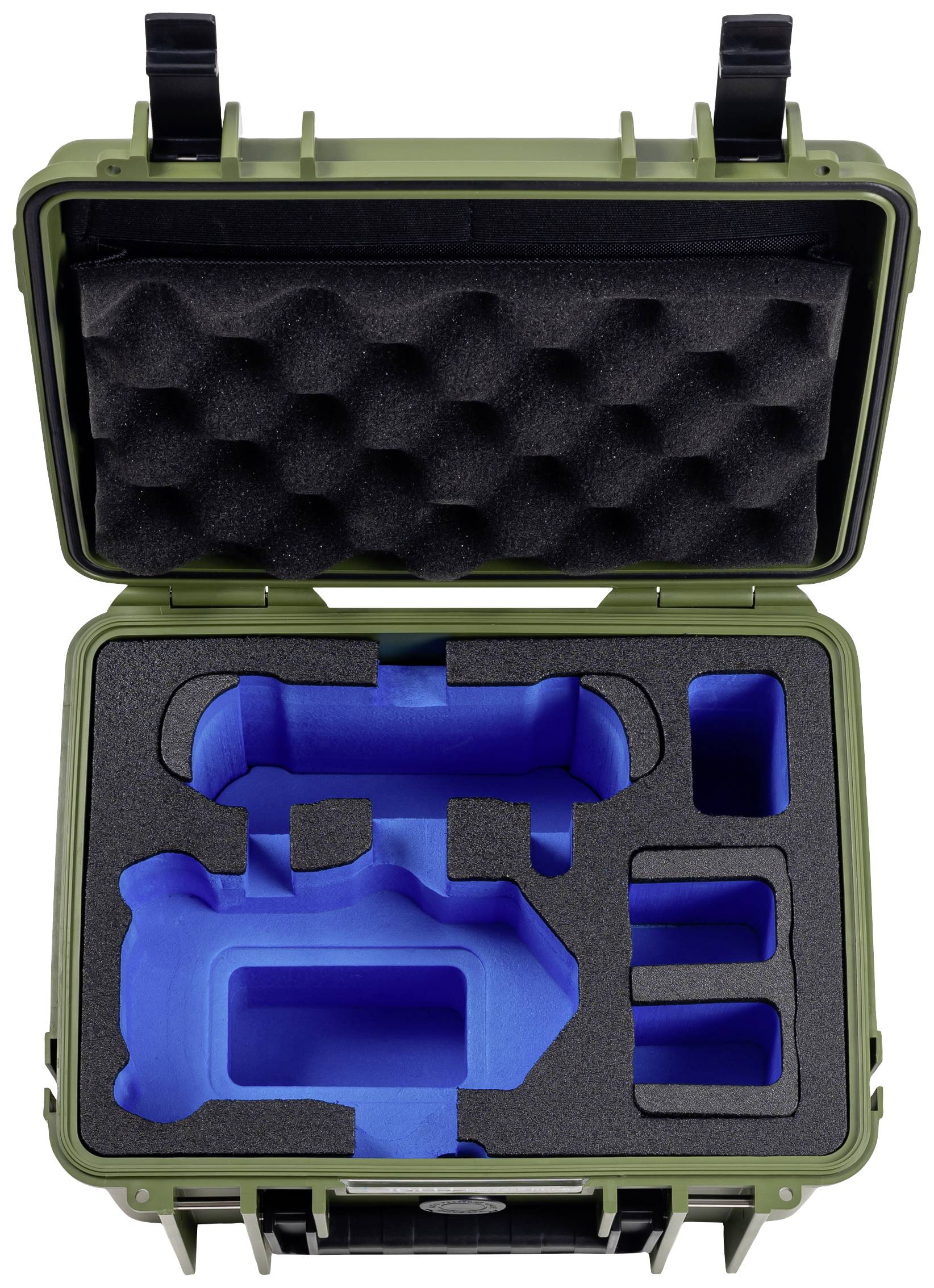 Geöffneter, grüner Schutzkoffer mit blauen und schwarzen Schaumstoffeinlagen, entwickelt für sicheres Verstauen von empfindlichen Geräten.