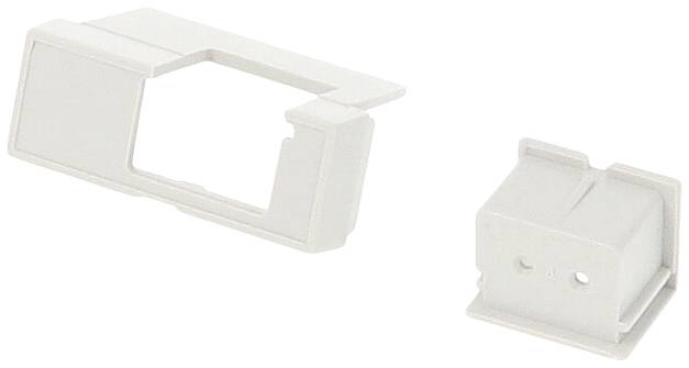Zwei weiße Kunststoffkappen, eine rechteckig mit Aussparung und die andere quadratisch. Möglicherweise Abdeckungen für Buchsen oder Anschlüsse.