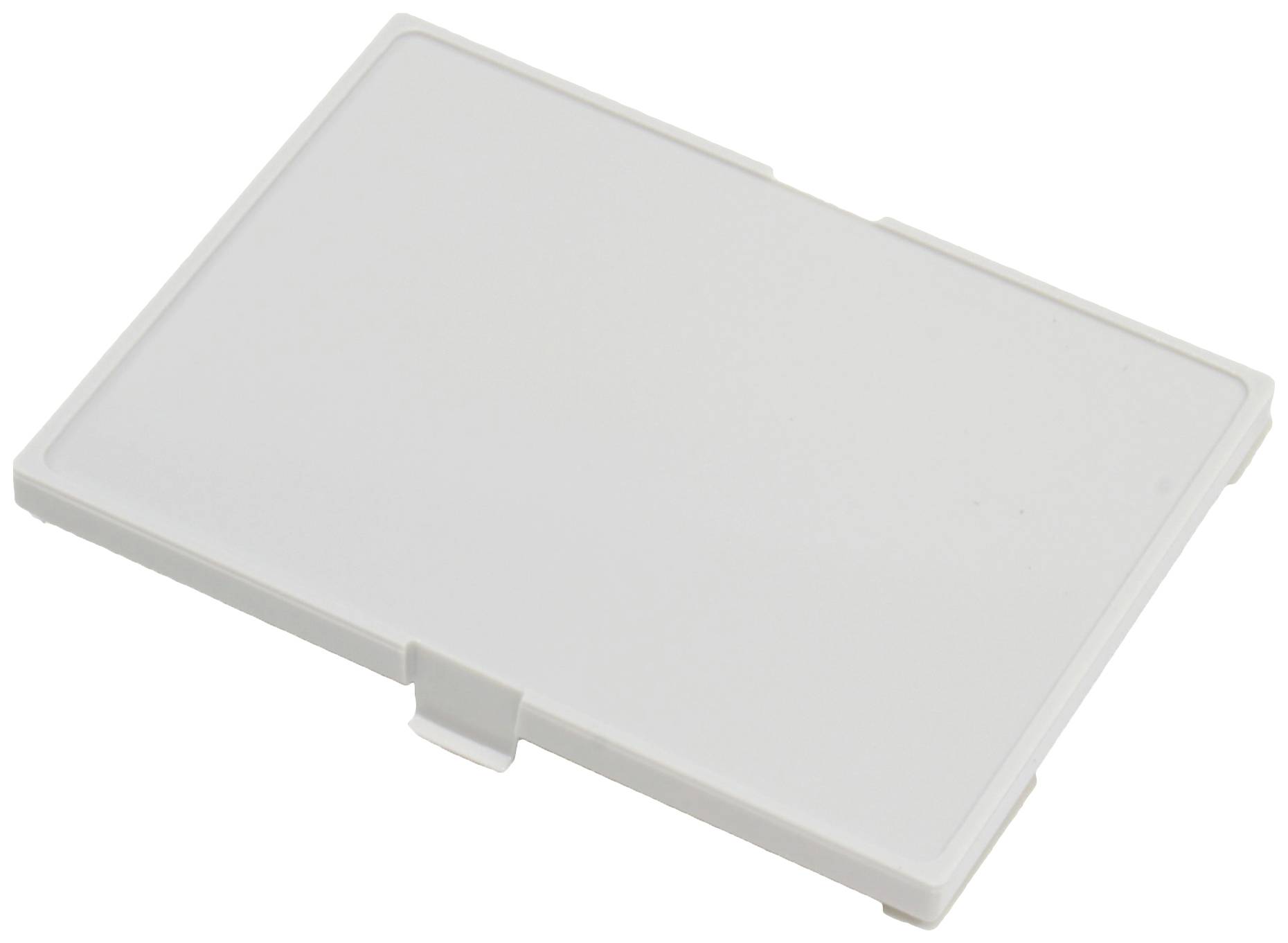 Weiße Plastikbox, rechteckig, flach, mit Verschlusslasche.