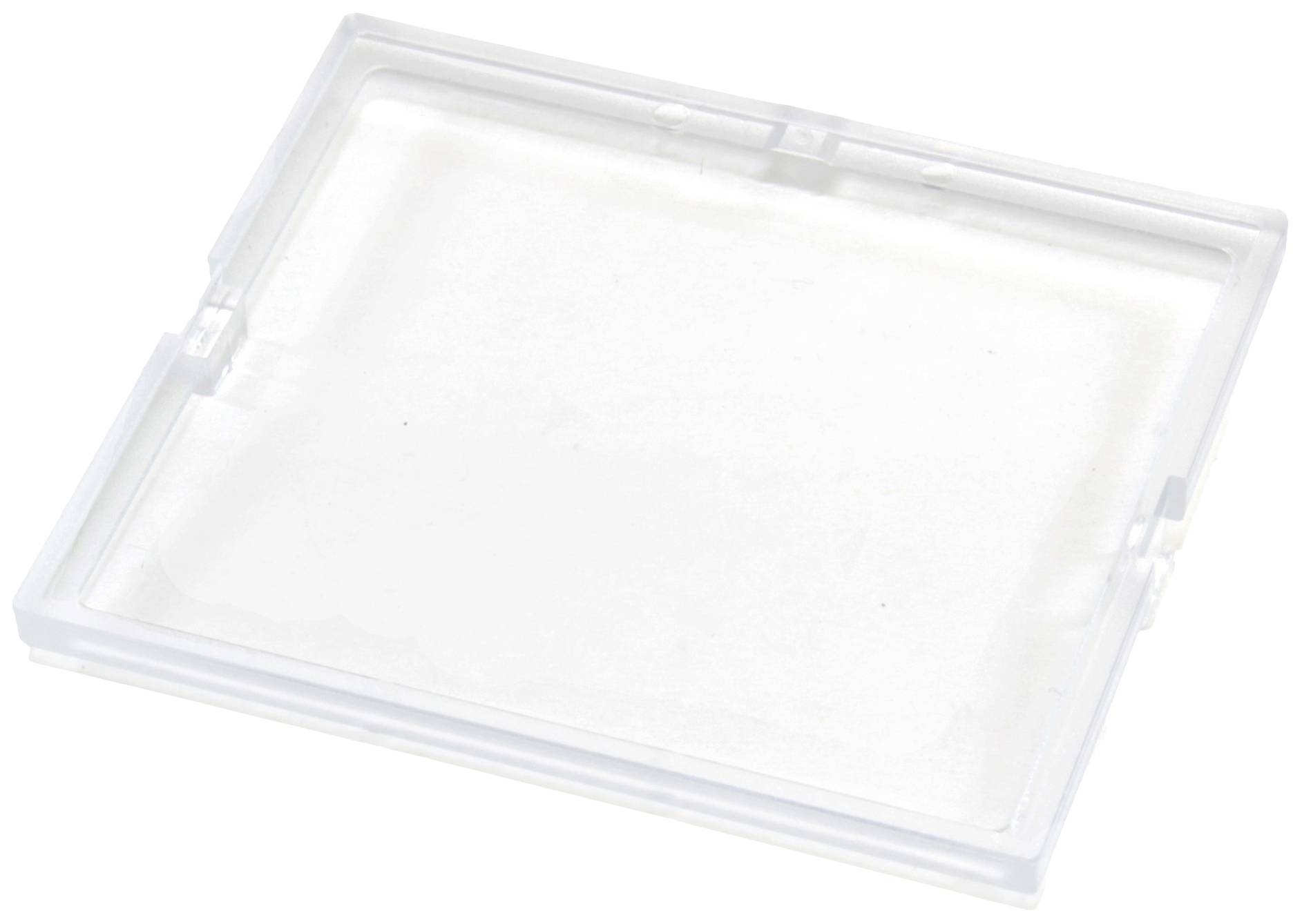 Kunststoffbox, transparent und leer, quadratische Form, deckellos. Verwendbar zur Aufbewahrung kleiner flacher Gegenstände.