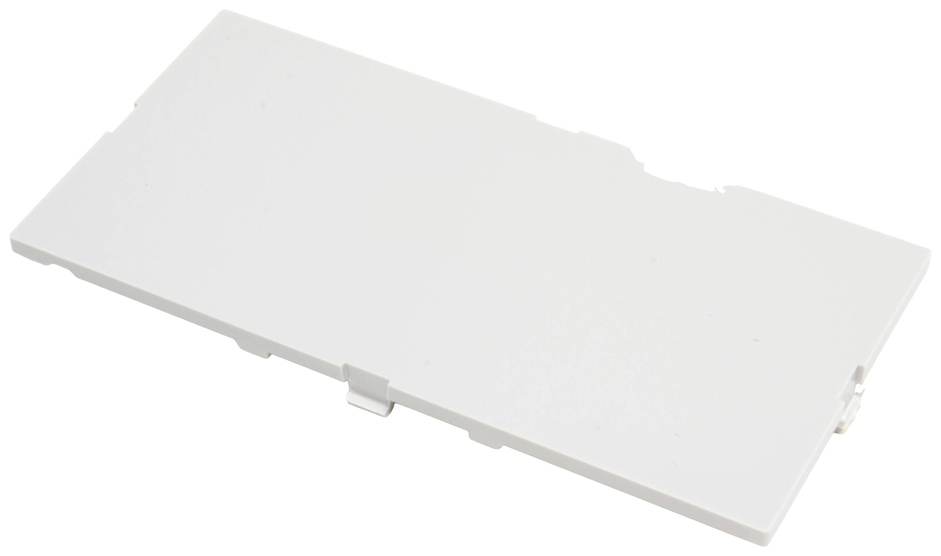 Weiße, rechteckige Plastikabdeckung mit kleinen Clips, die an den Kanten zu sehen sind. Sie scheint für ein elektronisches Gerät zu sein.