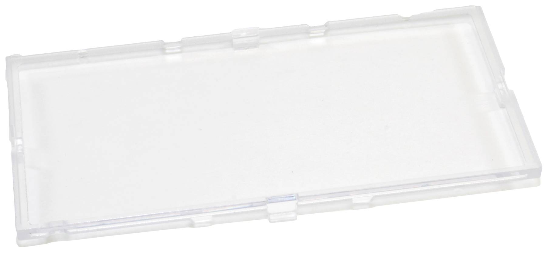 Transparente Plastikbox, geöffnet und leer, rechteckige Form.