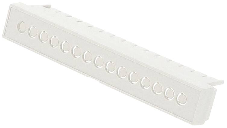 Ein weißes Kunststoffteil mit mehreren runden Öffnungen, möglicherweise als Bauteil in elektrischen oder technischen Anwendungen verwendet.