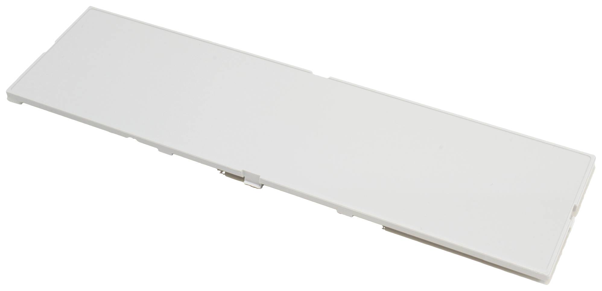 Ein weißer, rechteckiger Abdeckungsrahmen mit schlichtem Design vor einem neutralen Hintergrund.