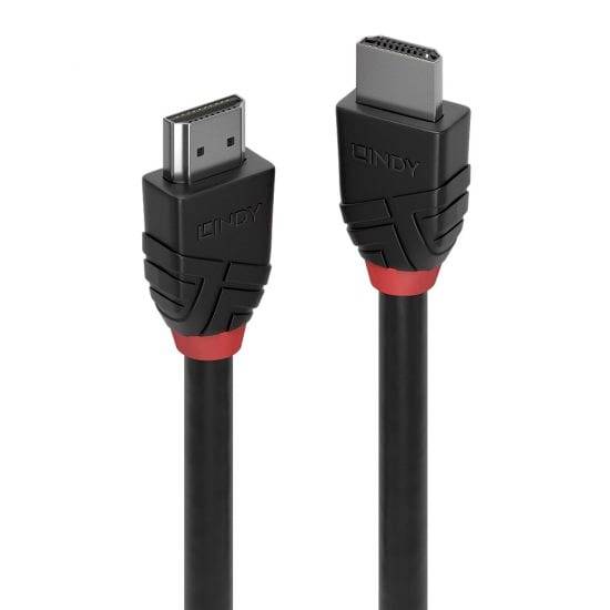 Zwei schwarze HDMI-Kabel mit roten Details, stehend nebeneinander vor einem weißen Hintergrund.