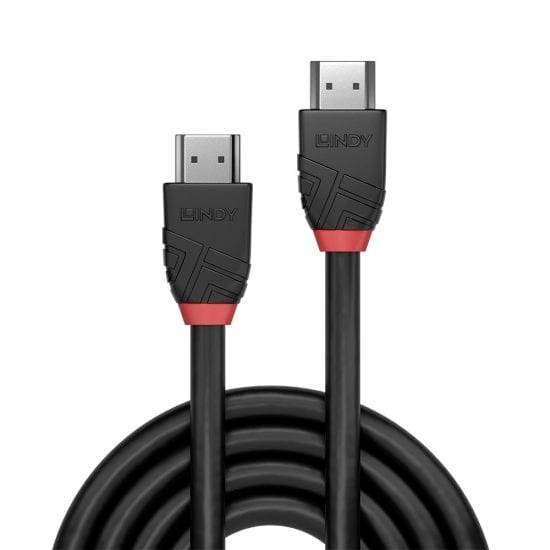 HDMI-Kabel mit schwarzer Ummantelung und roten Akzenten an den Steckern von der Marke Lindy, geeignet für audiovisuelle Übertragungen.